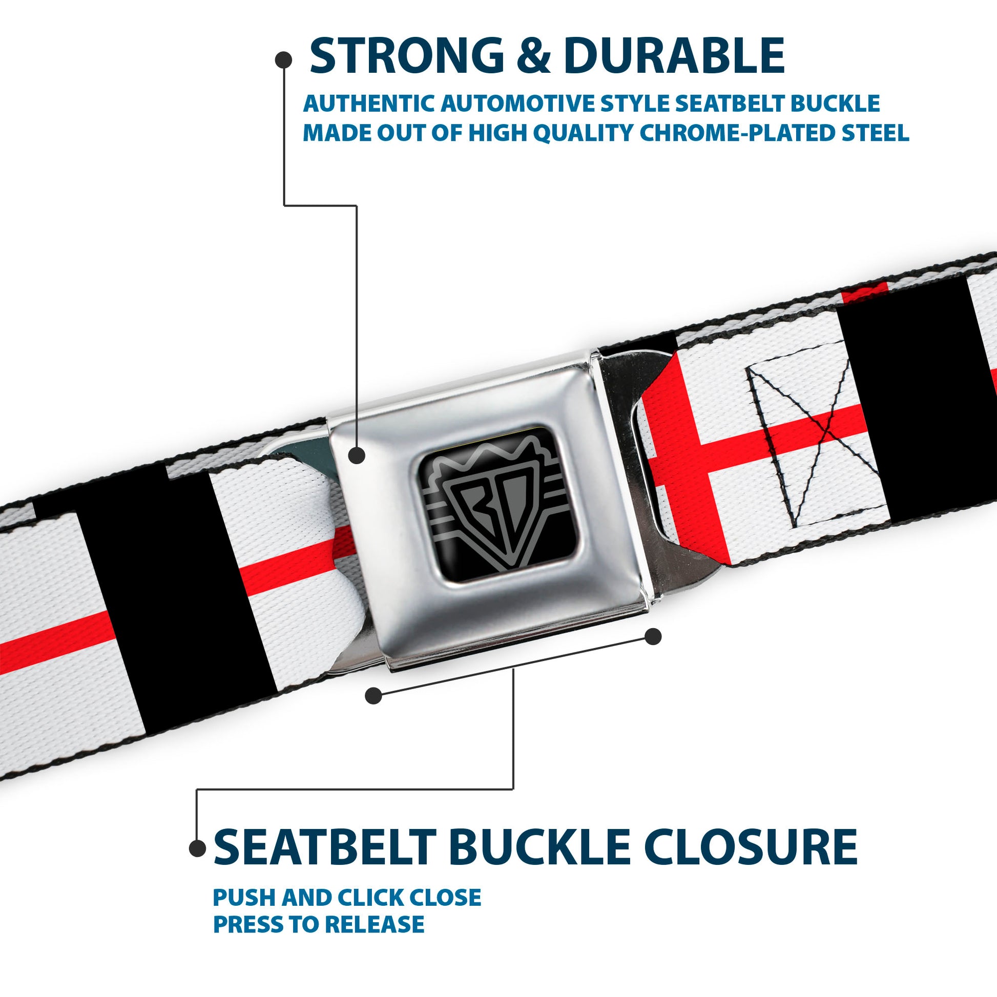 BD Wings Logo CLOSE-UP Full Color Black Silver Seatbelt Belt - England Flags Webbing Seatbelt Belts Buckle-Down