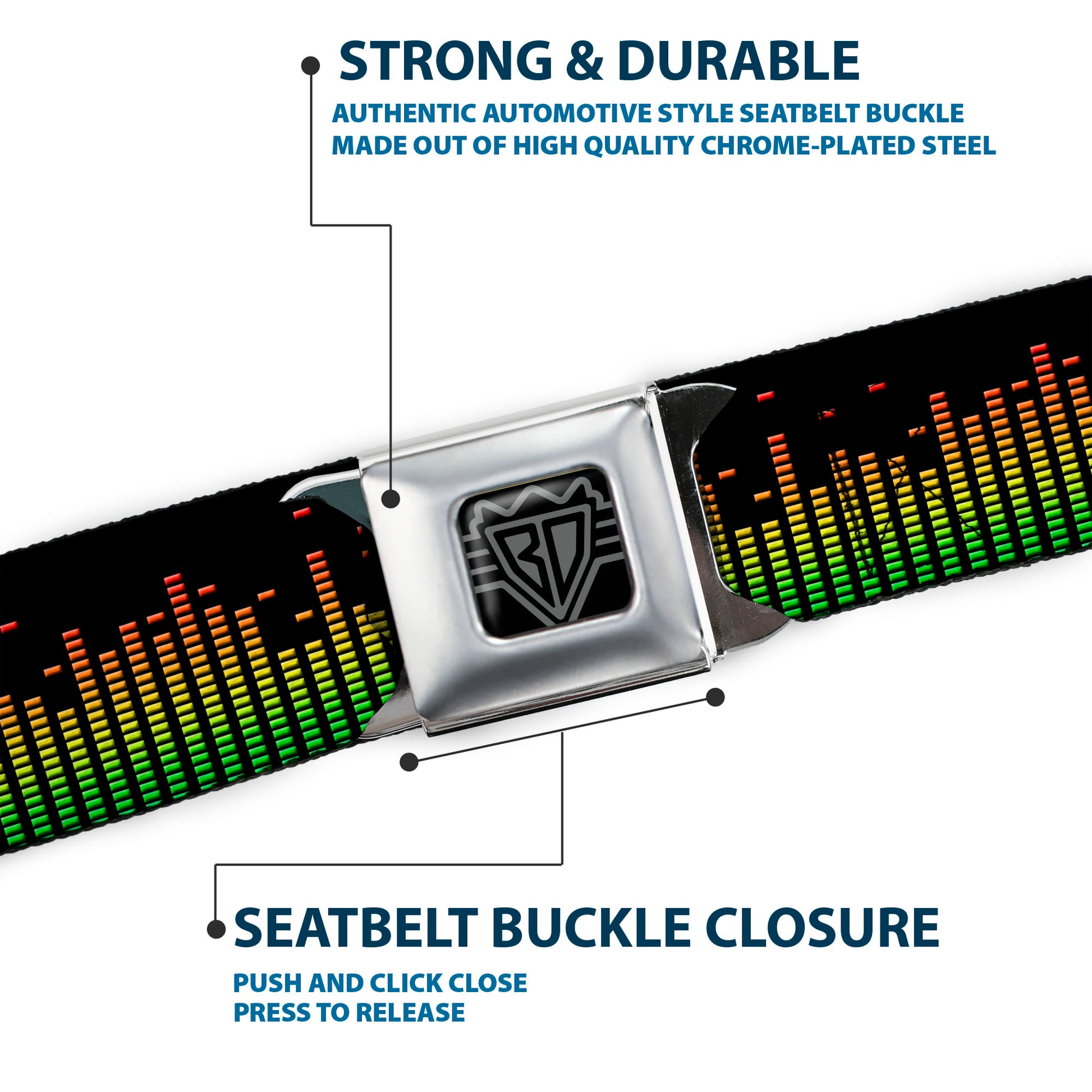 BD Wings Logo CLOSE-UP Full Color Black Silver Seatbelt Belt - DC Equalizer Webbing Seatbelt Belts Buckle-Down