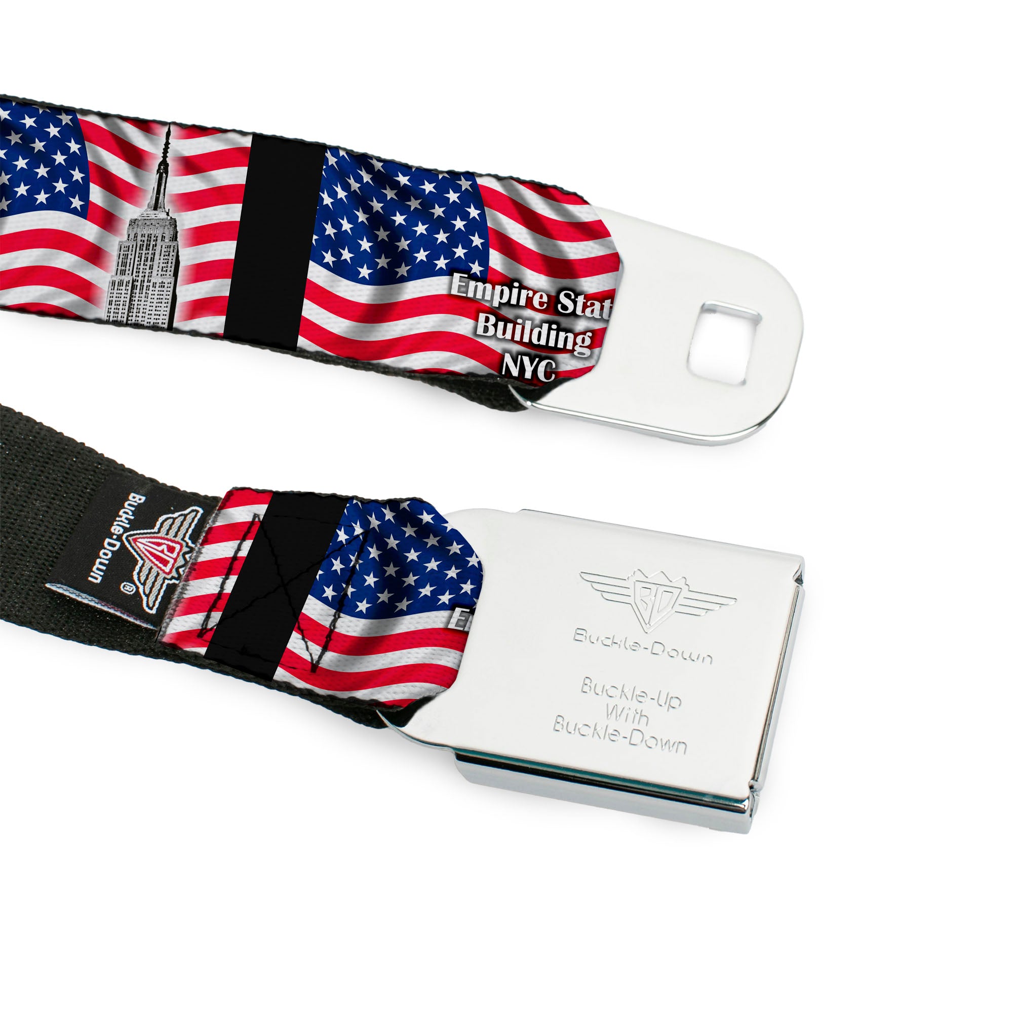 BD Wings Logo CLOSE-UP Full Color Black Silver Seatbelt Belt - Empire State Building NYC Webbing Seatbelt Belts Buckle-Down