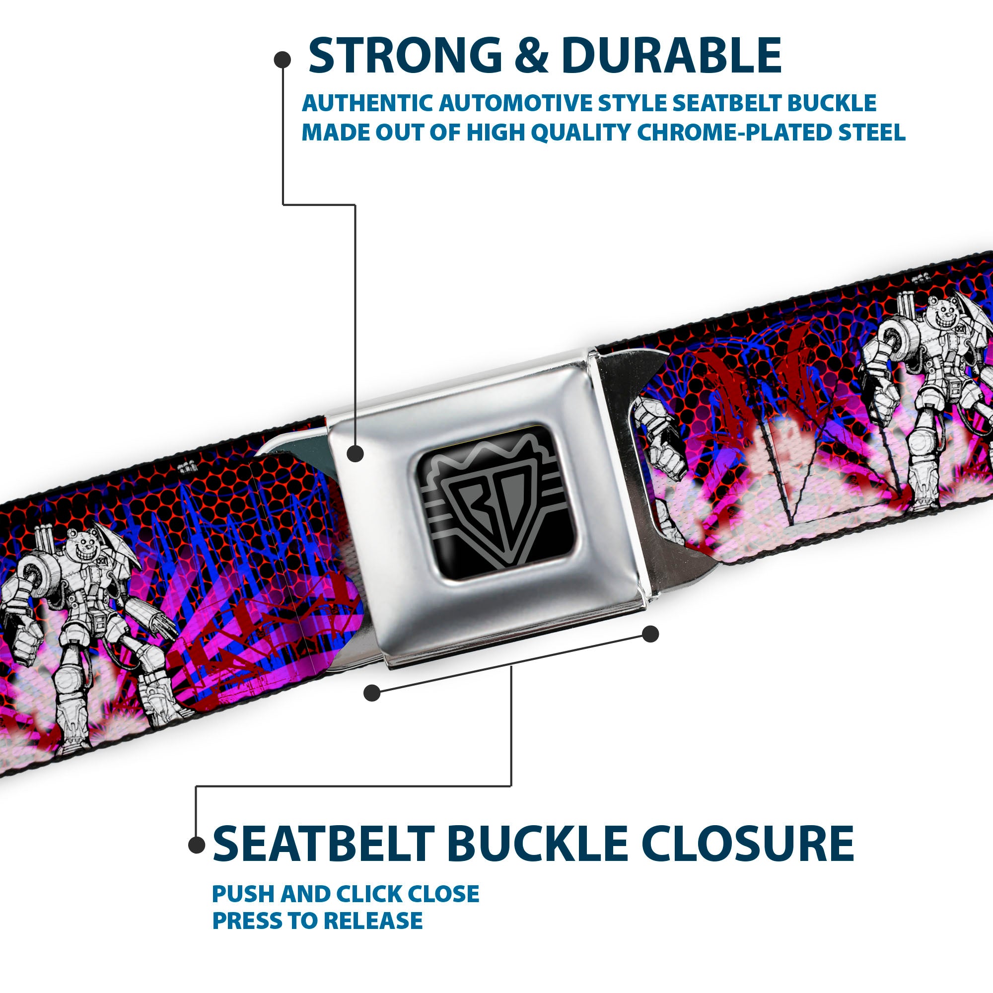 BD Wings Logo CLOSE-UP Full Color Black Silver Seatbelt Belt - Evoke 2 RoboBear Webbing Seatbelt Belts Buckle-Down