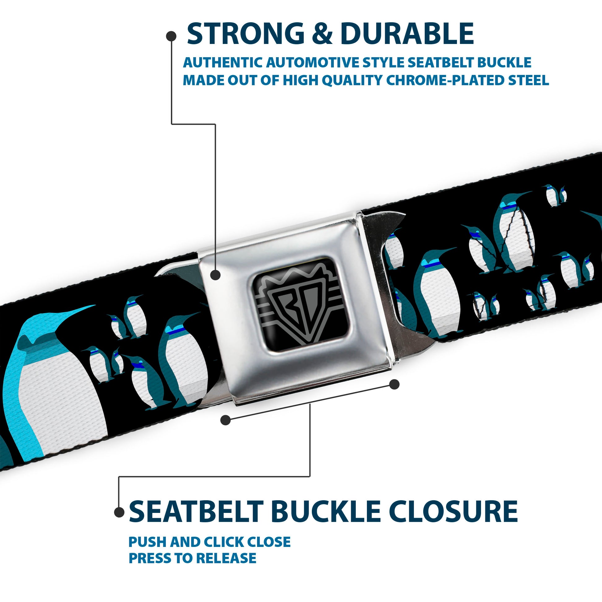 BD Wings Logo CLOSE-UP Full Color Black Silver Seatbelt Belt - Emperor Penguins Gray/Blues Webbing Seatbelt Belts Buckle-Down