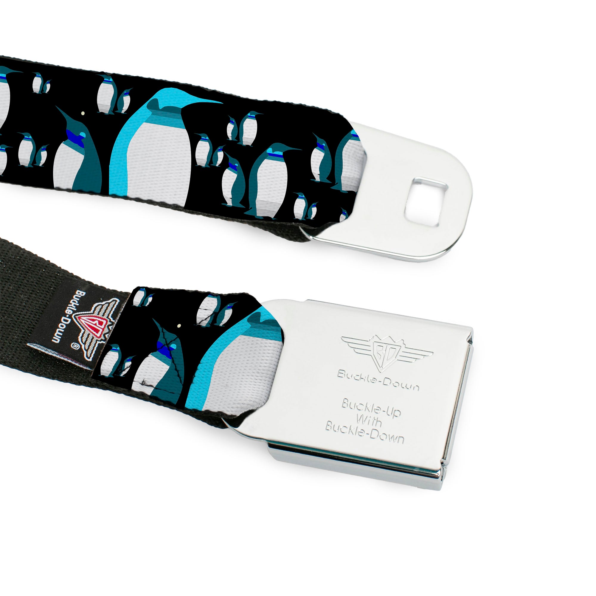 BD Wings Logo CLOSE-UP Full Color Black Silver Seatbelt Belt - Emperor Penguins Gray/Blues Webbing Seatbelt Belts Buckle-Down