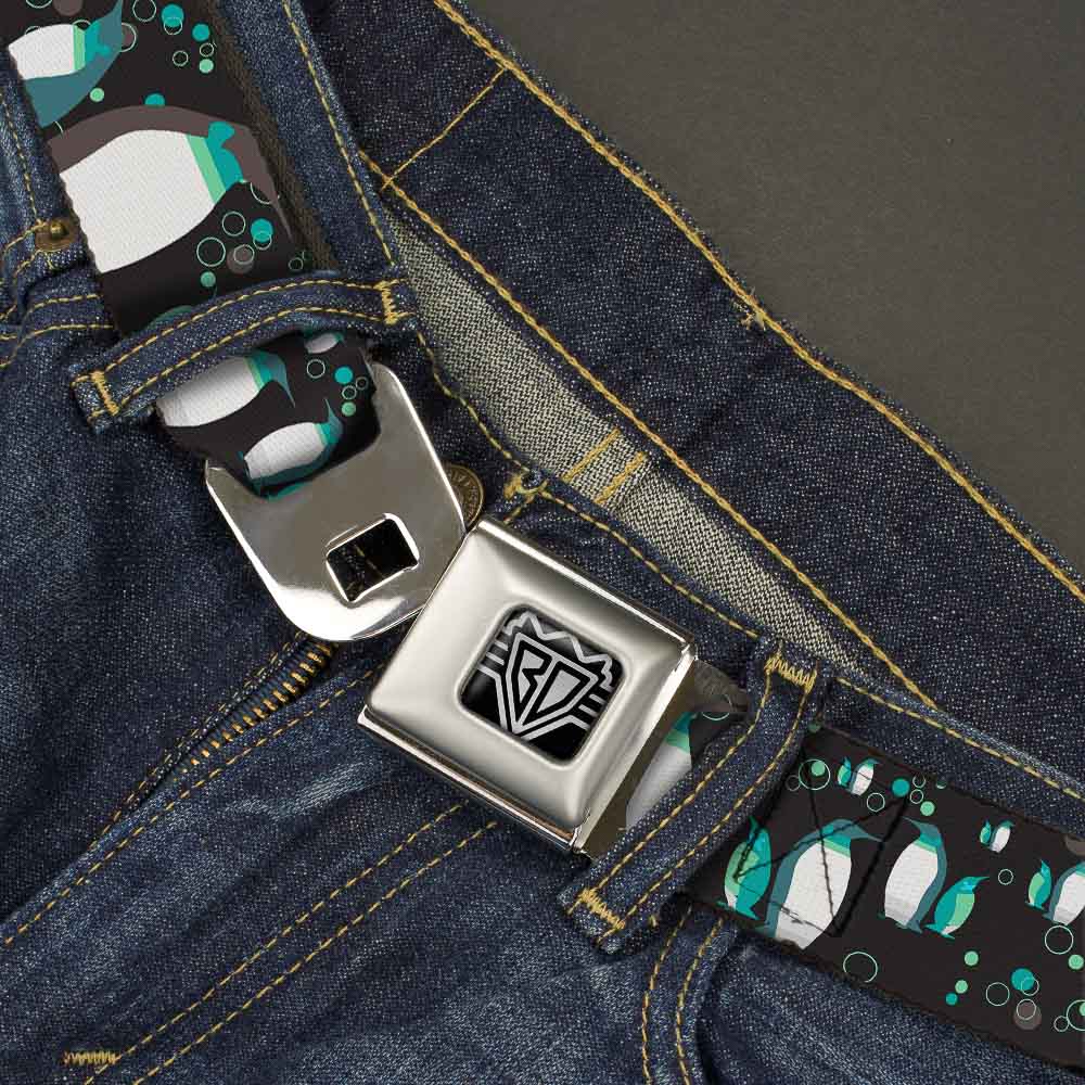 BD Wings Logo CLOSE-UP Full Color Black Silver Seatbelt Belt - Emperor Penguins w/Bubbles Black/Gray/Turqs Webbing Seatbelt Belts Buckle-Down