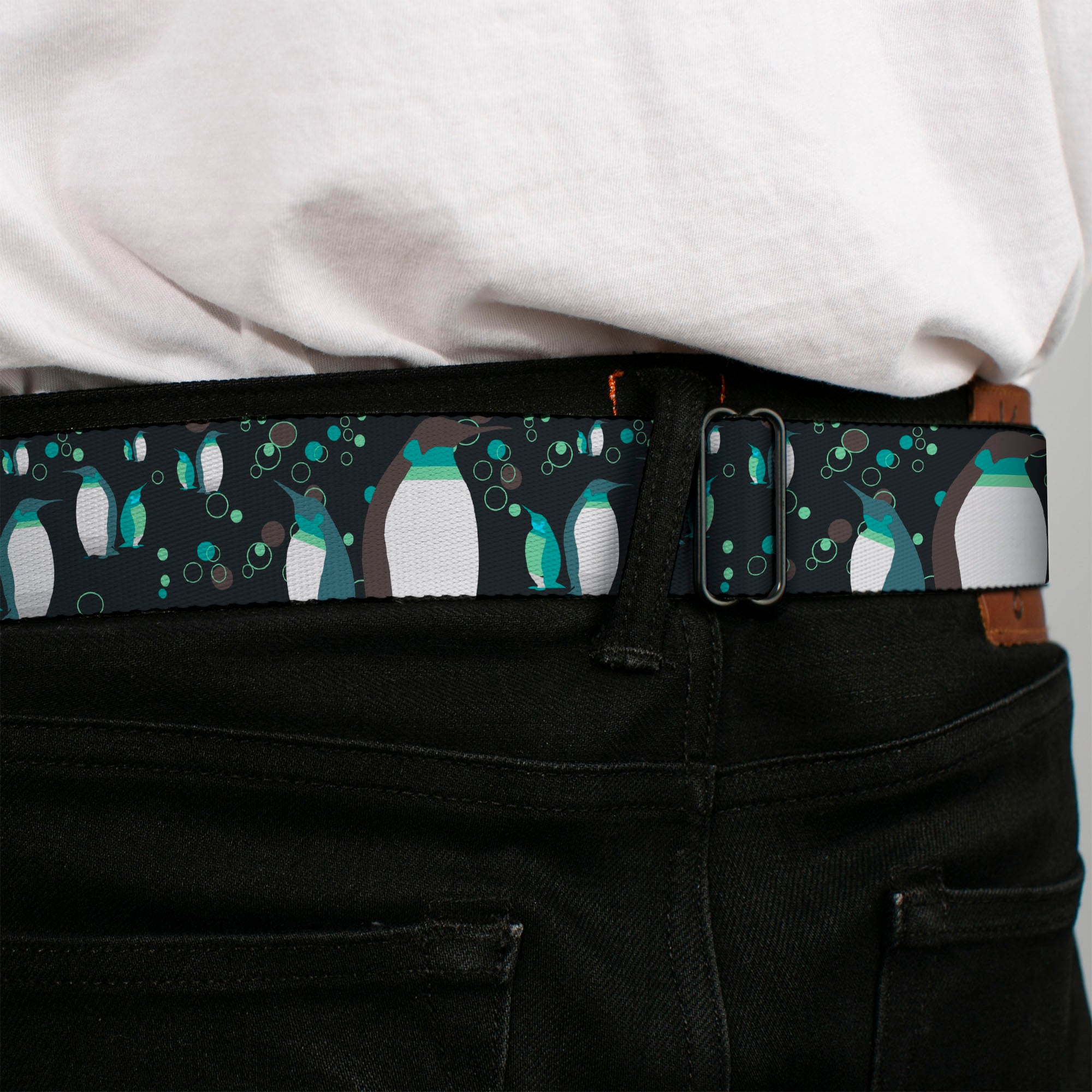 BD Wings Logo CLOSE-UP Full Color Black Silver Seatbelt Belt - Emperor Penguins w/Bubbles Black/Gray/Turqs Webbing Seatbelt Belts Buckle-Down