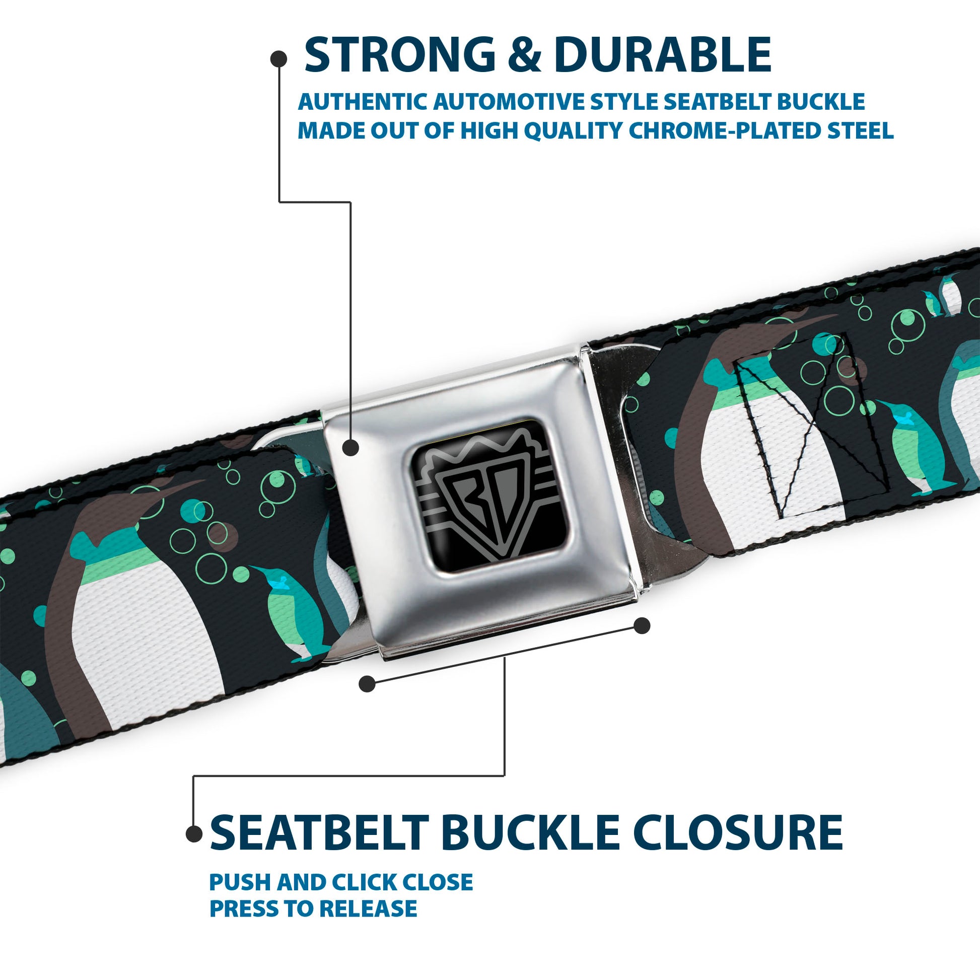 BD Wings Logo CLOSE-UP Full Color Black Silver Seatbelt Belt - Emperor Penguins w/Bubbles Black/Gray/Turqs Webbing Seatbelt Belts Buckle-Down