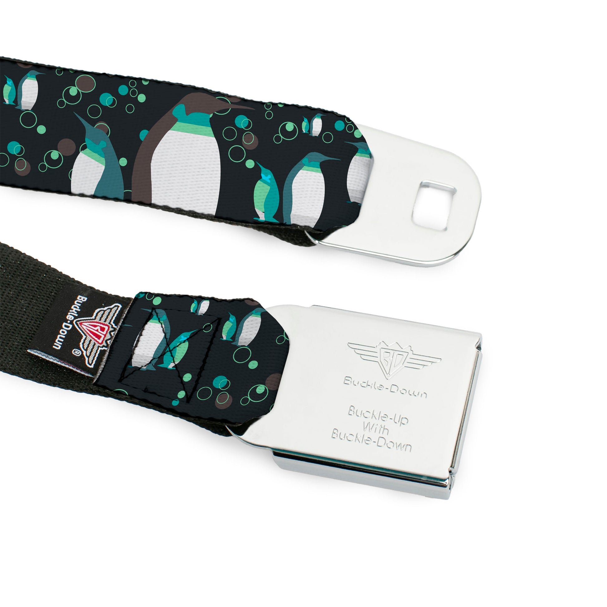 BD Wings Logo CLOSE-UP Full Color Black Silver Seatbelt Belt - Emperor Penguins w/Bubbles Black/Gray/Turqs Webbing Seatbelt Belts Buckle-Down