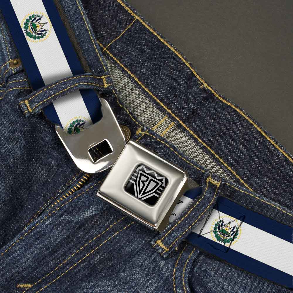 BD Wings Logo CLOSE-UP Full Color Black Silver Seatbelt Belt - El Salvador Flag Webbing Seatbelt Belts Buckle-Down