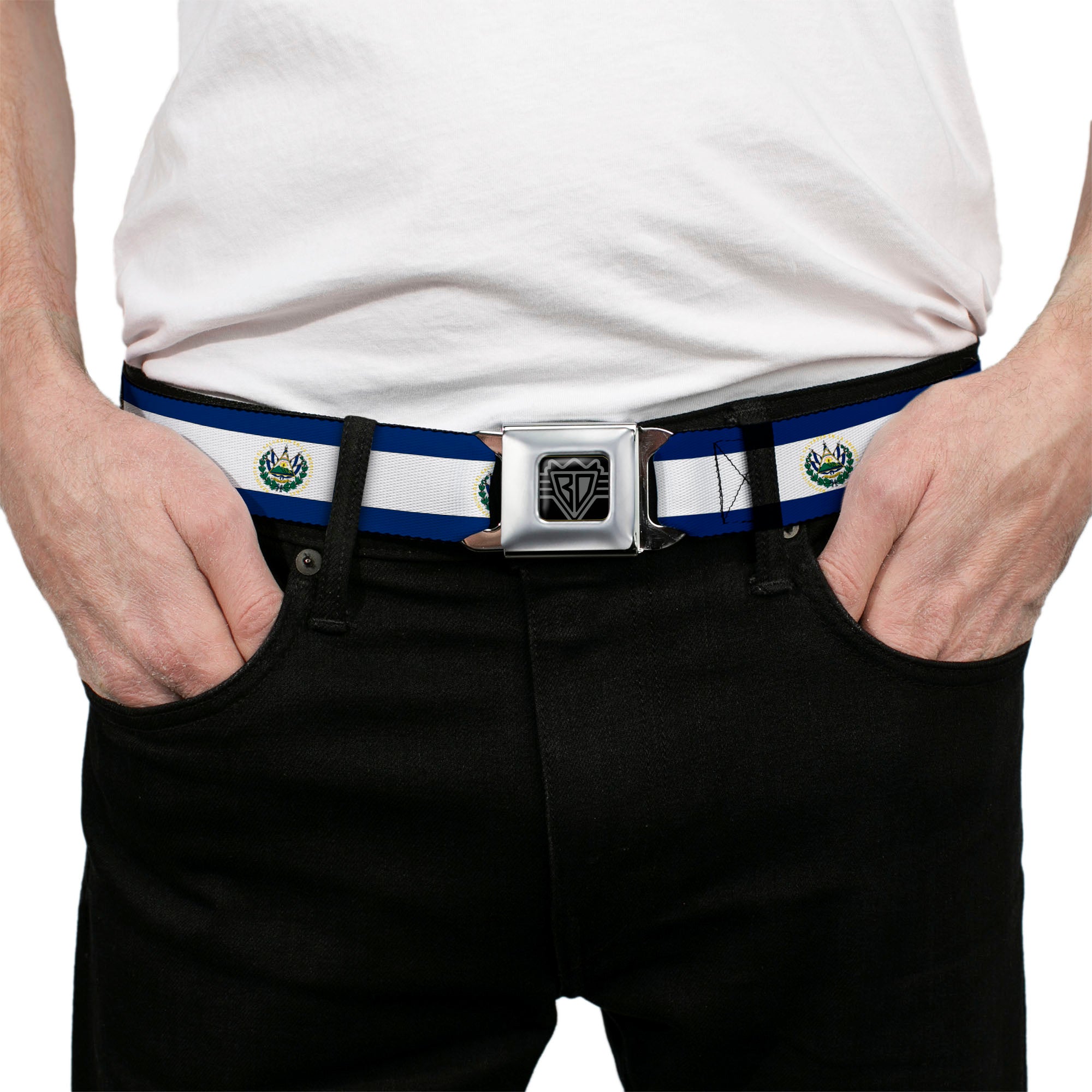 BD Wings Logo CLOSE-UP Full Color Black Silver Seatbelt Belt - El Salvador Flag Webbing Seatbelt Belts Buckle-Down