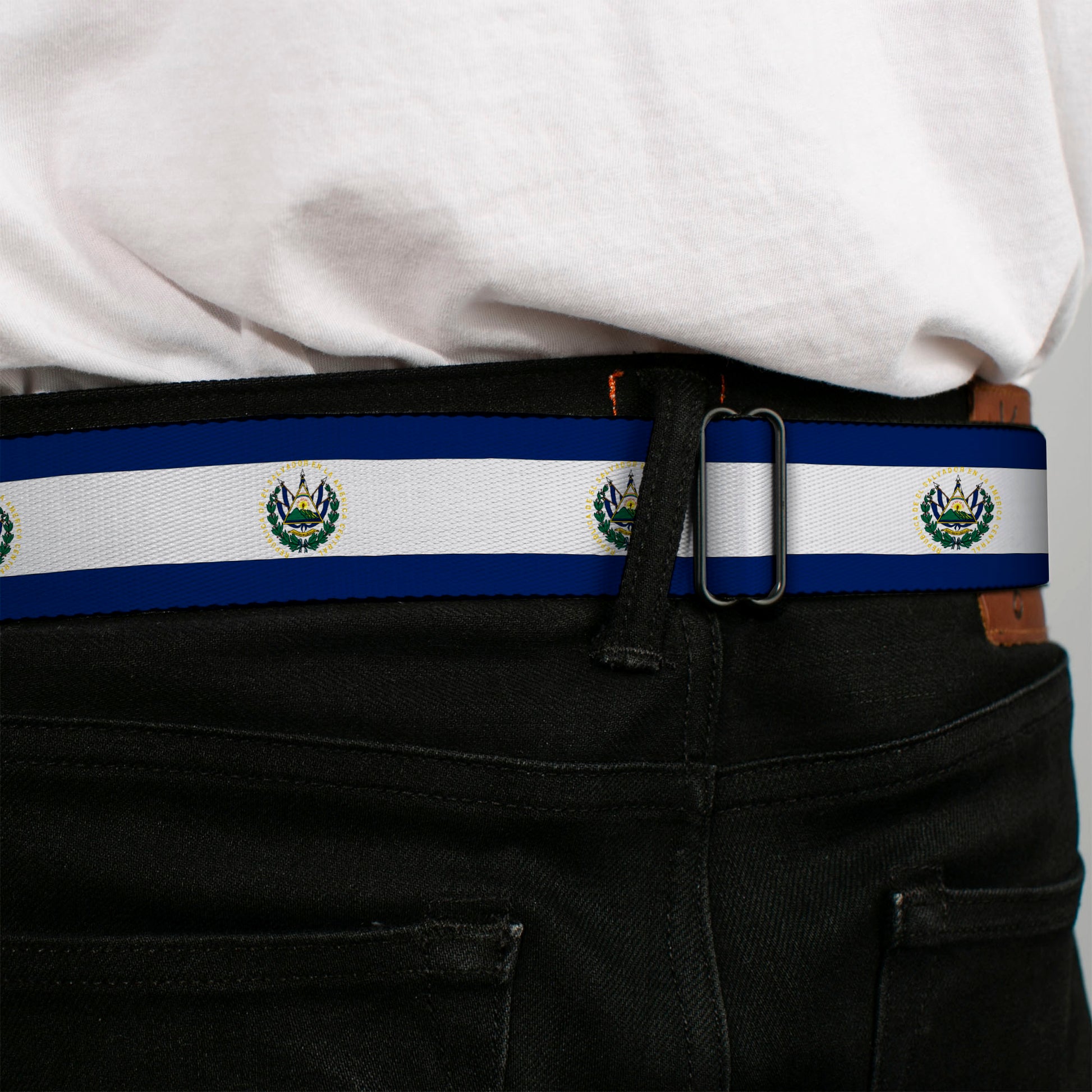 BD Wings Logo CLOSE-UP Full Color Black Silver Seatbelt Belt - El Salvador Flag Webbing Seatbelt Belts Buckle-Down