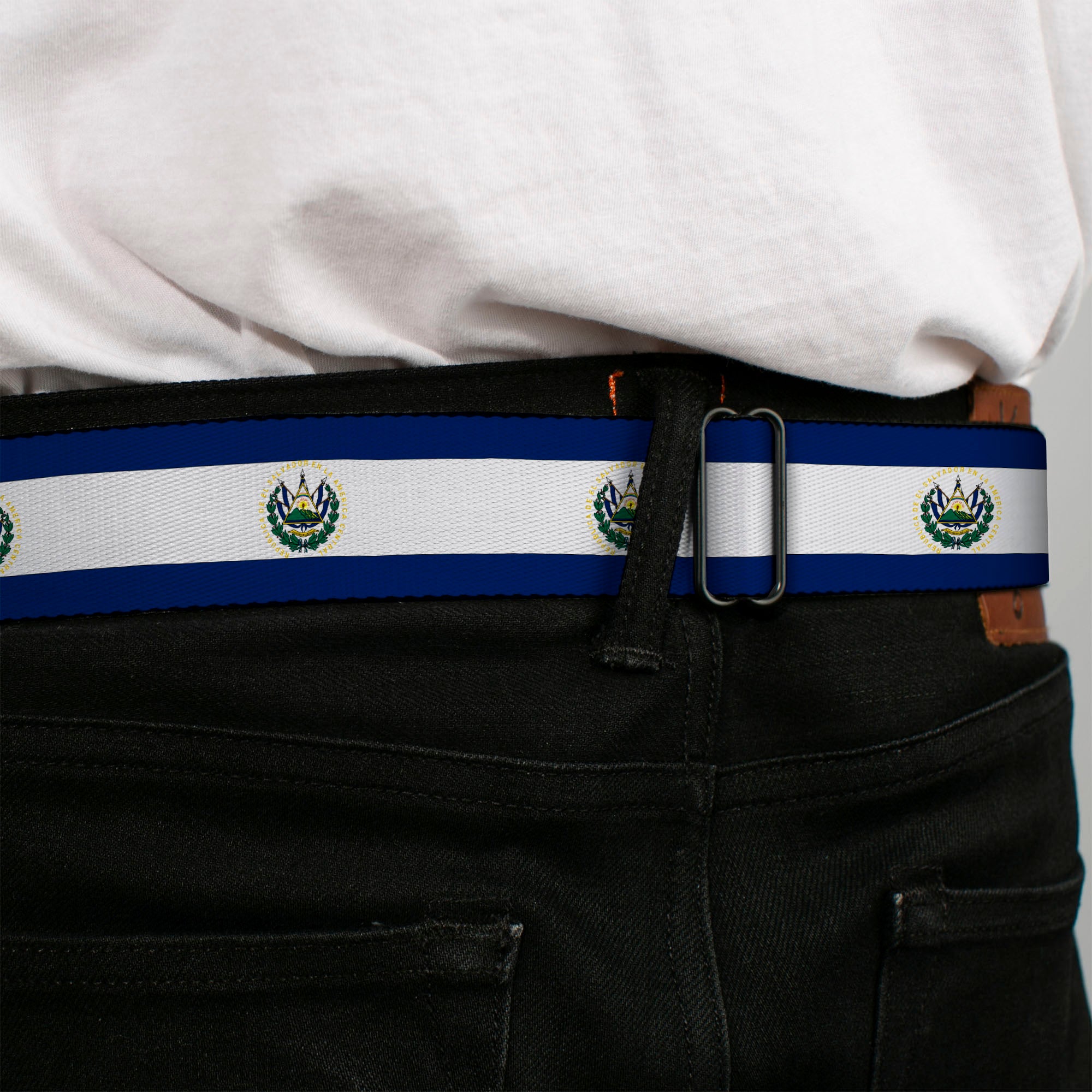 BD Wings Logo CLOSE-UP Full Color Black Silver Seatbelt Belt - El Salvador Flag Webbing Seatbelt Belts Buckle-Down