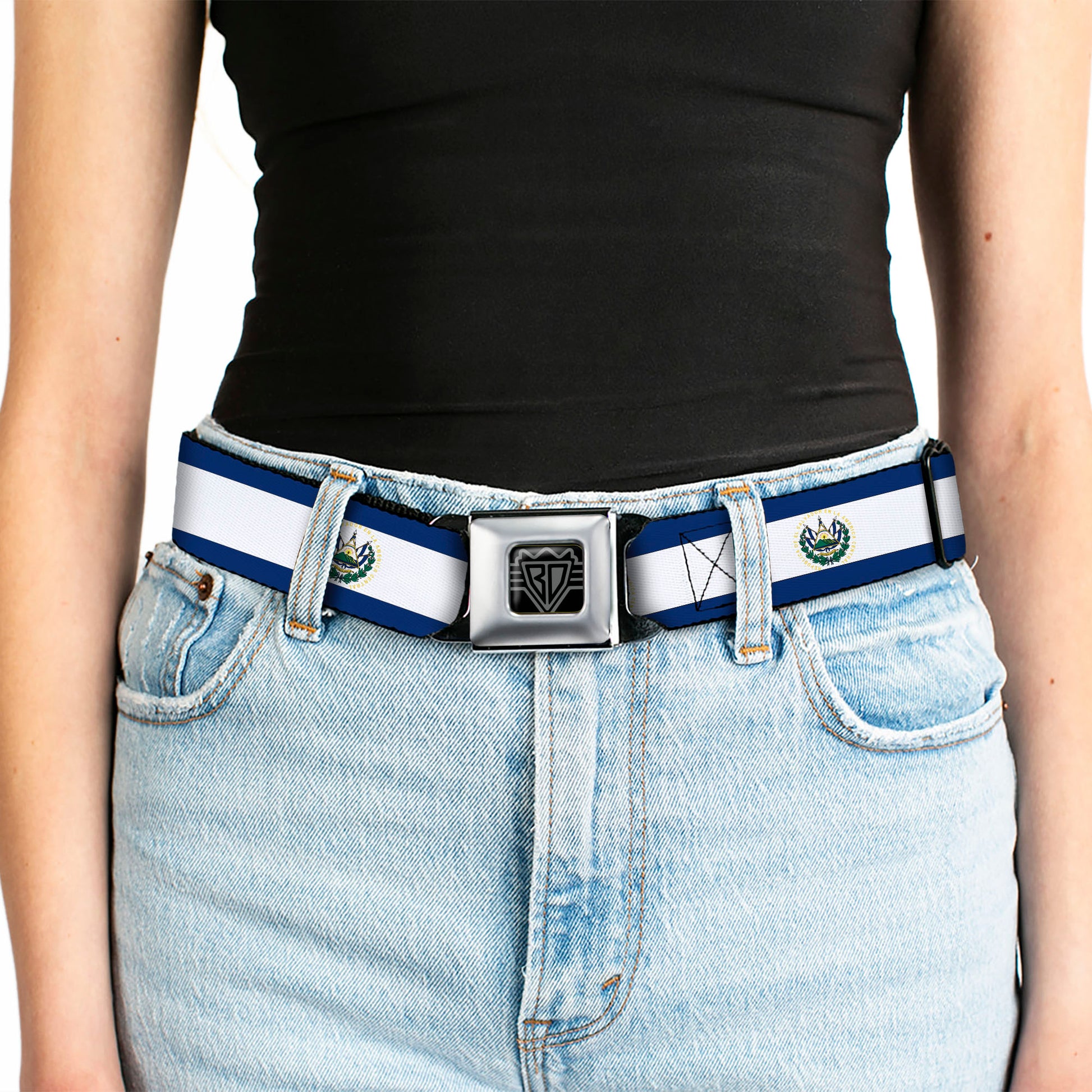 BD Wings Logo CLOSE-UP Full Color Black Silver Seatbelt Belt - El Salvador Flag Webbing Seatbelt Belts Buckle-Down