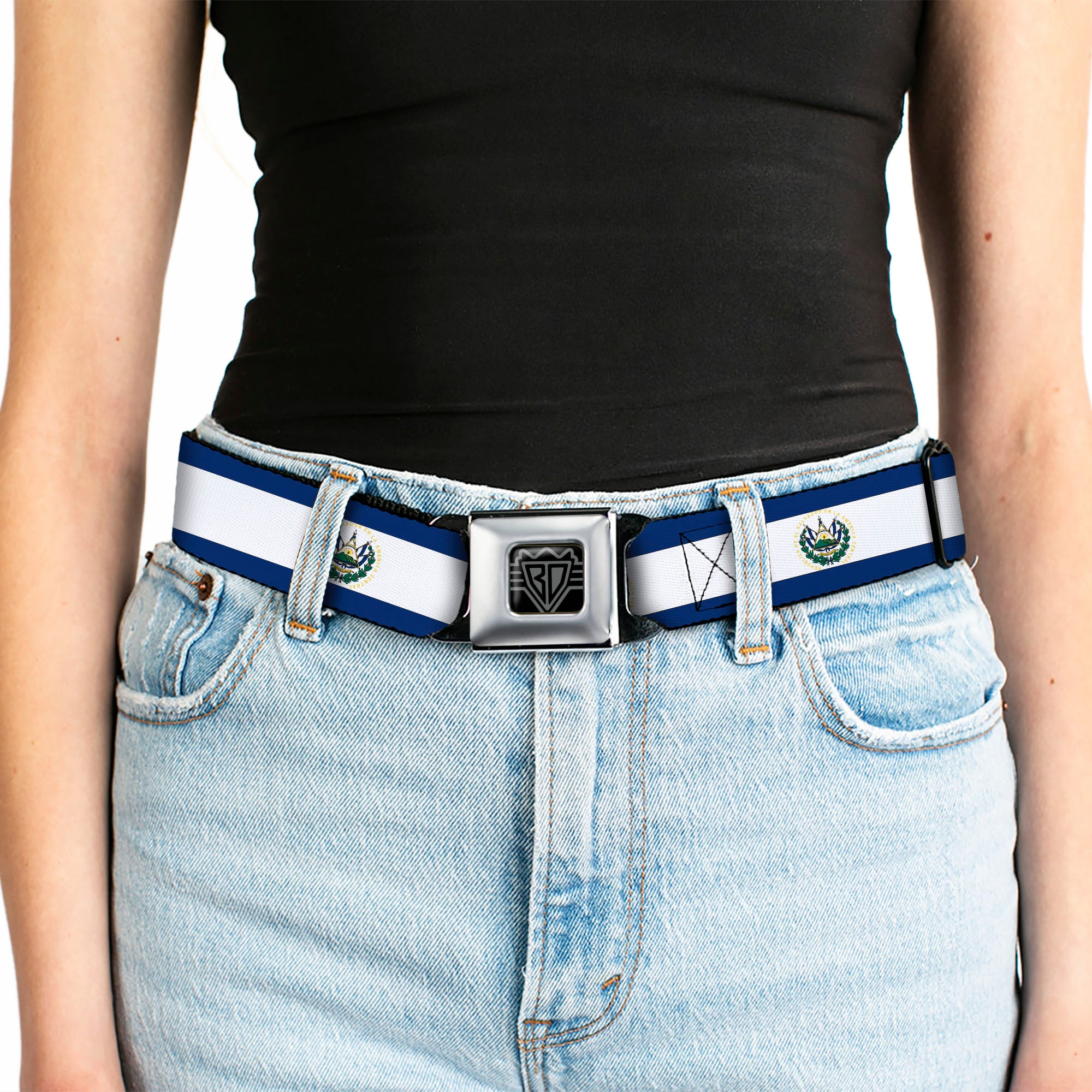 BD Wings Logo CLOSE-UP Full Color Black Silver Seatbelt Belt - El Salvador Flag Webbing Seatbelt Belts Buckle-Down
