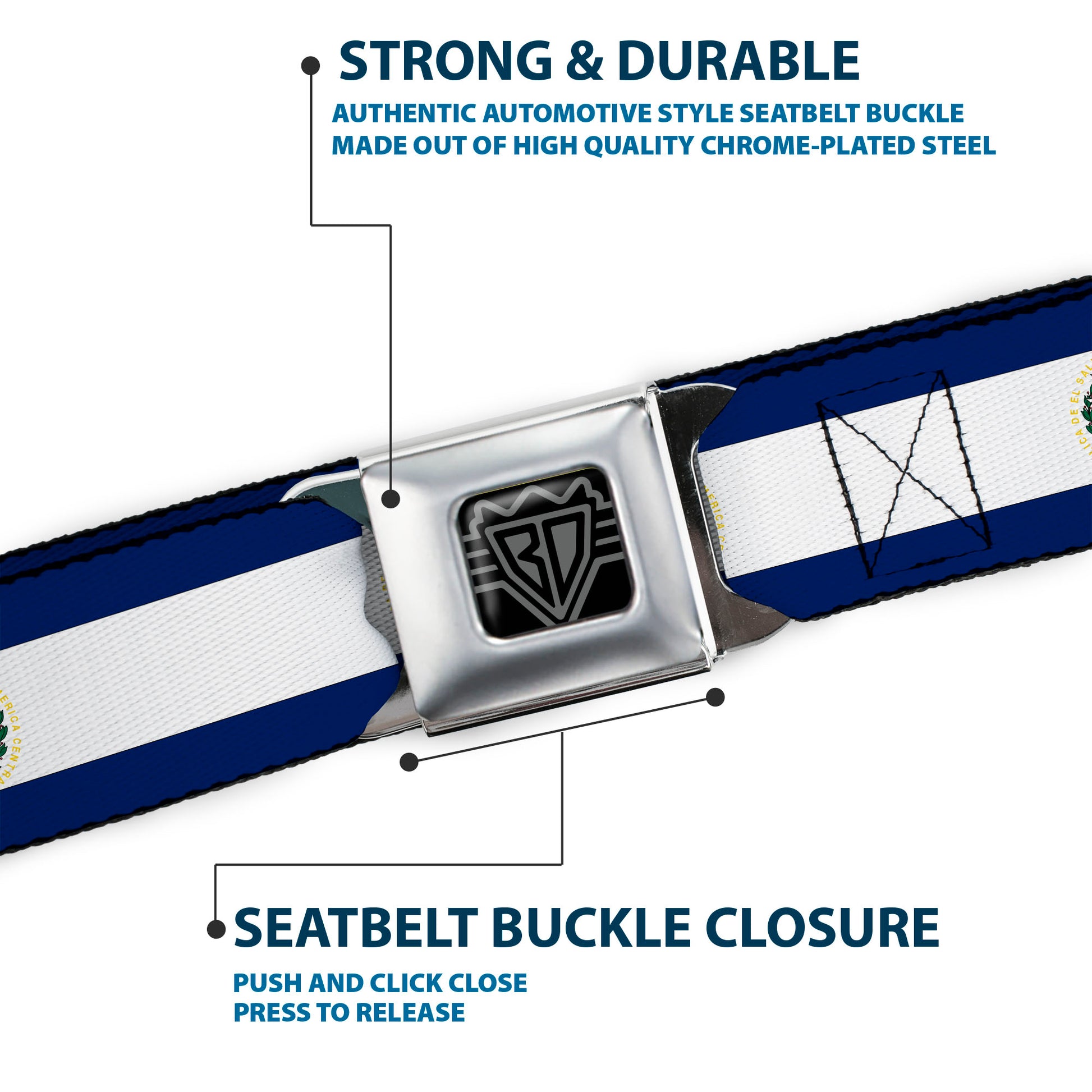 BD Wings Logo CLOSE-UP Full Color Black Silver Seatbelt Belt - El Salvador Flag Webbing Seatbelt Belts Buckle-Down