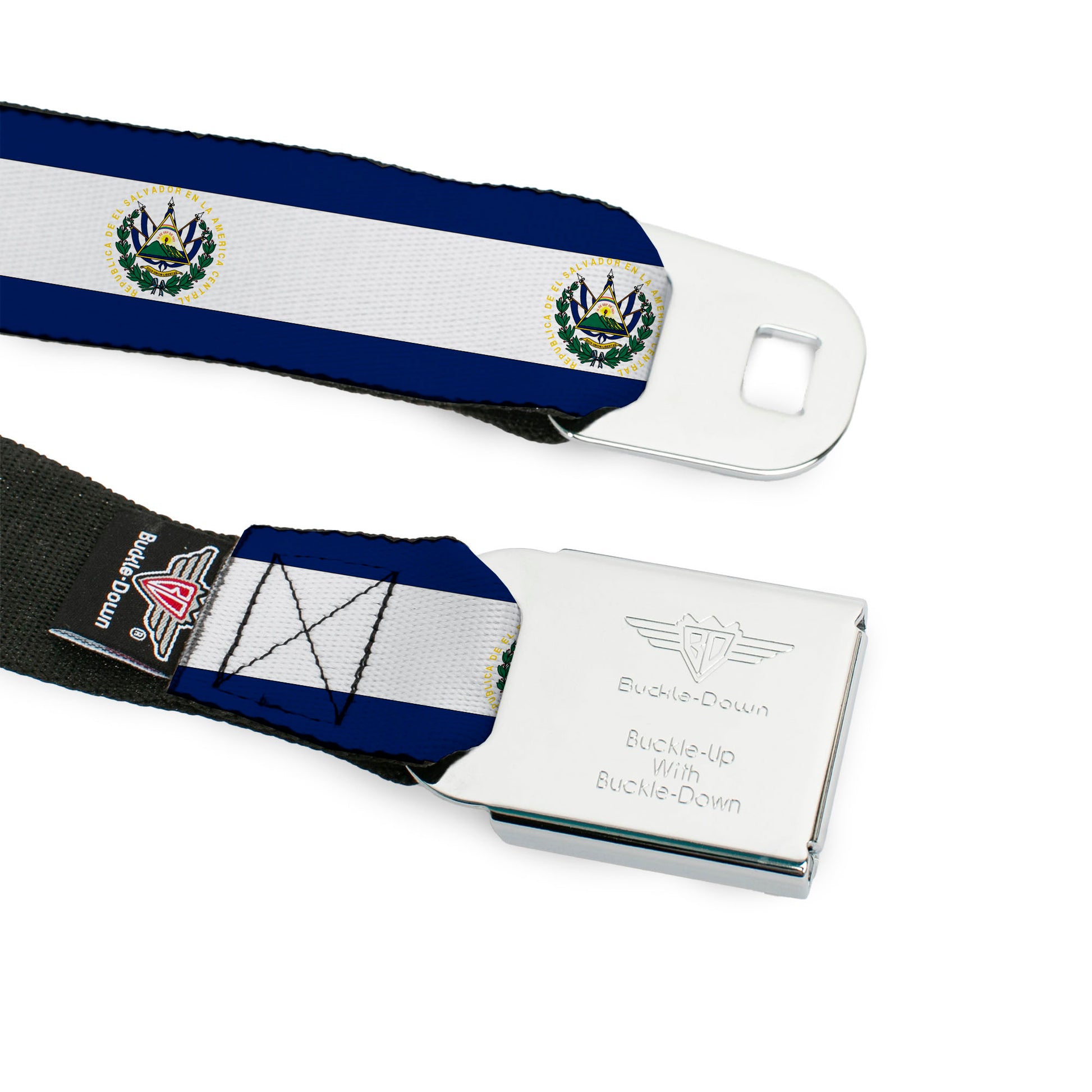 BD Wings Logo CLOSE-UP Full Color Black Silver Seatbelt Belt - El Salvador Flag Webbing Seatbelt Belts Buckle-Down