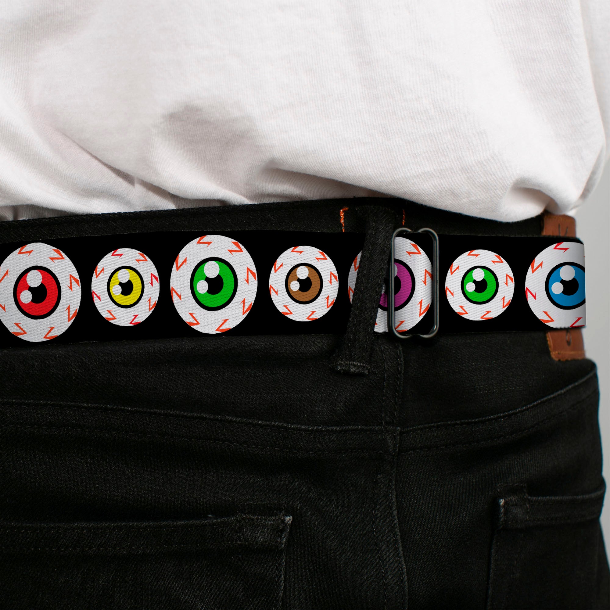 BD Wings Logo CLOSE-UP Full Color Black Silver Seatbelt Belt - Eyeballs Black/Multi Color Webbing Seatbelt Belts Buckle-Down