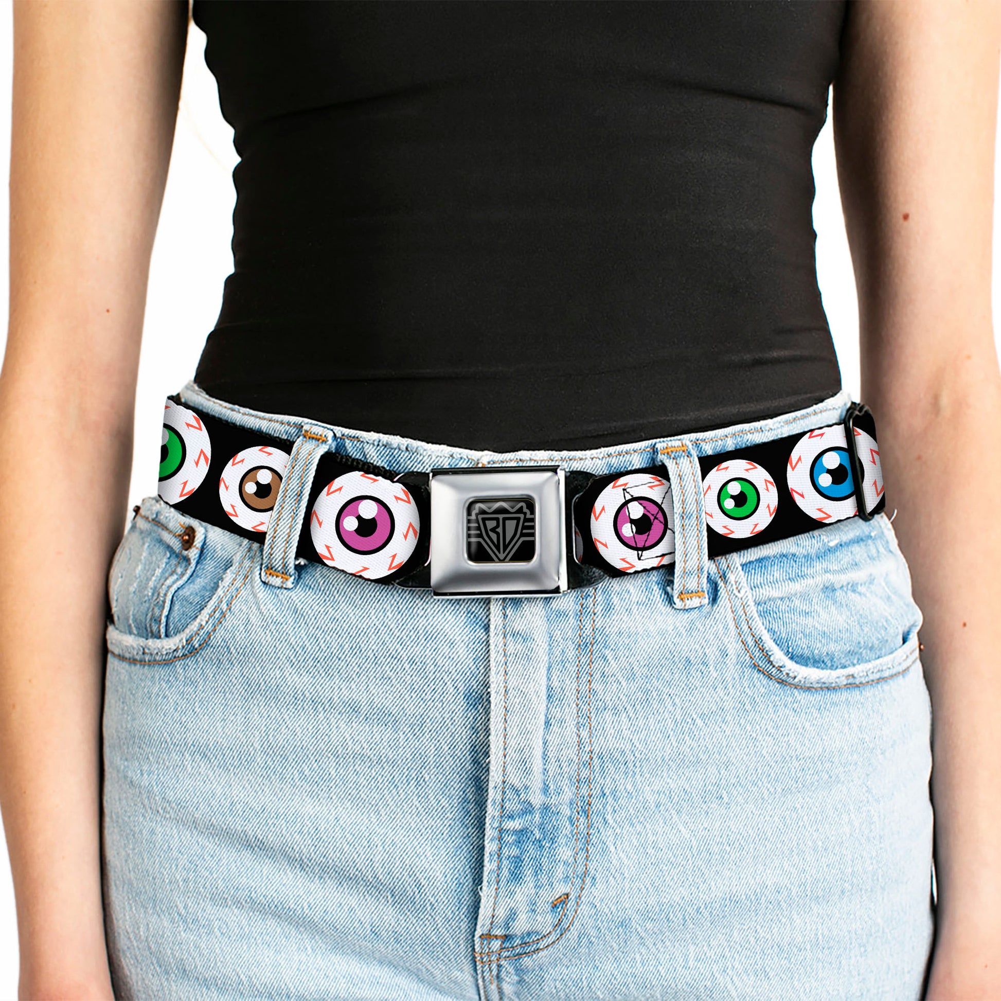 BD Wings Logo CLOSE-UP Full Color Black Silver Seatbelt Belt - Eyeballs Black/Multi Color Webbing Seatbelt Belts Buckle-Down