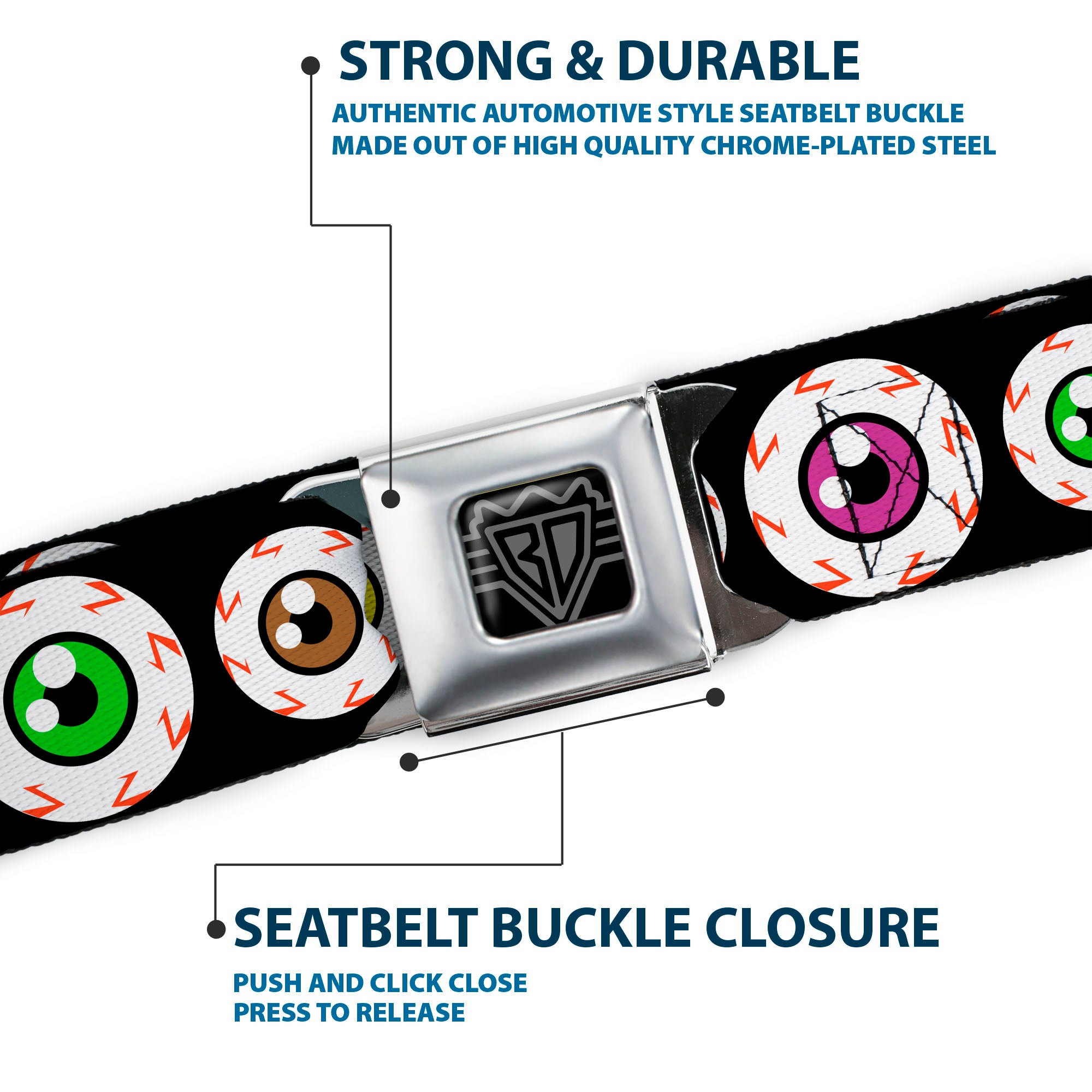 BD Wings Logo CLOSE-UP Full Color Black Silver Seatbelt Belt - Eyeballs Black/Multi Color Webbing Seatbelt Belts Buckle-Down