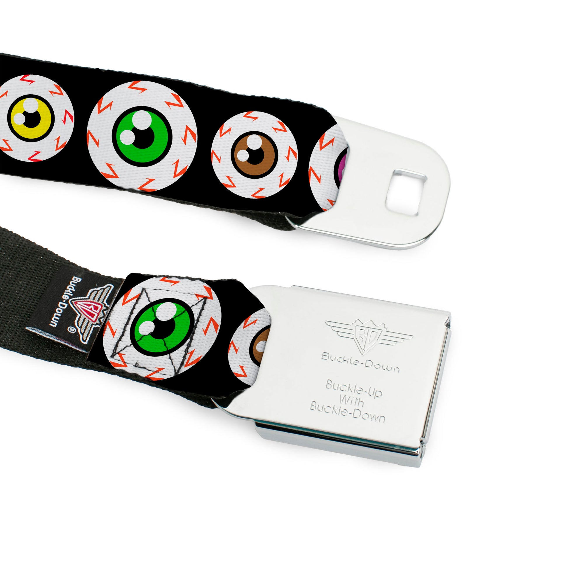 BD Wings Logo CLOSE-UP Full Color Black Silver Seatbelt Belt - Eyeballs Black/Multi Color Webbing Seatbelt Belts Buckle-Down