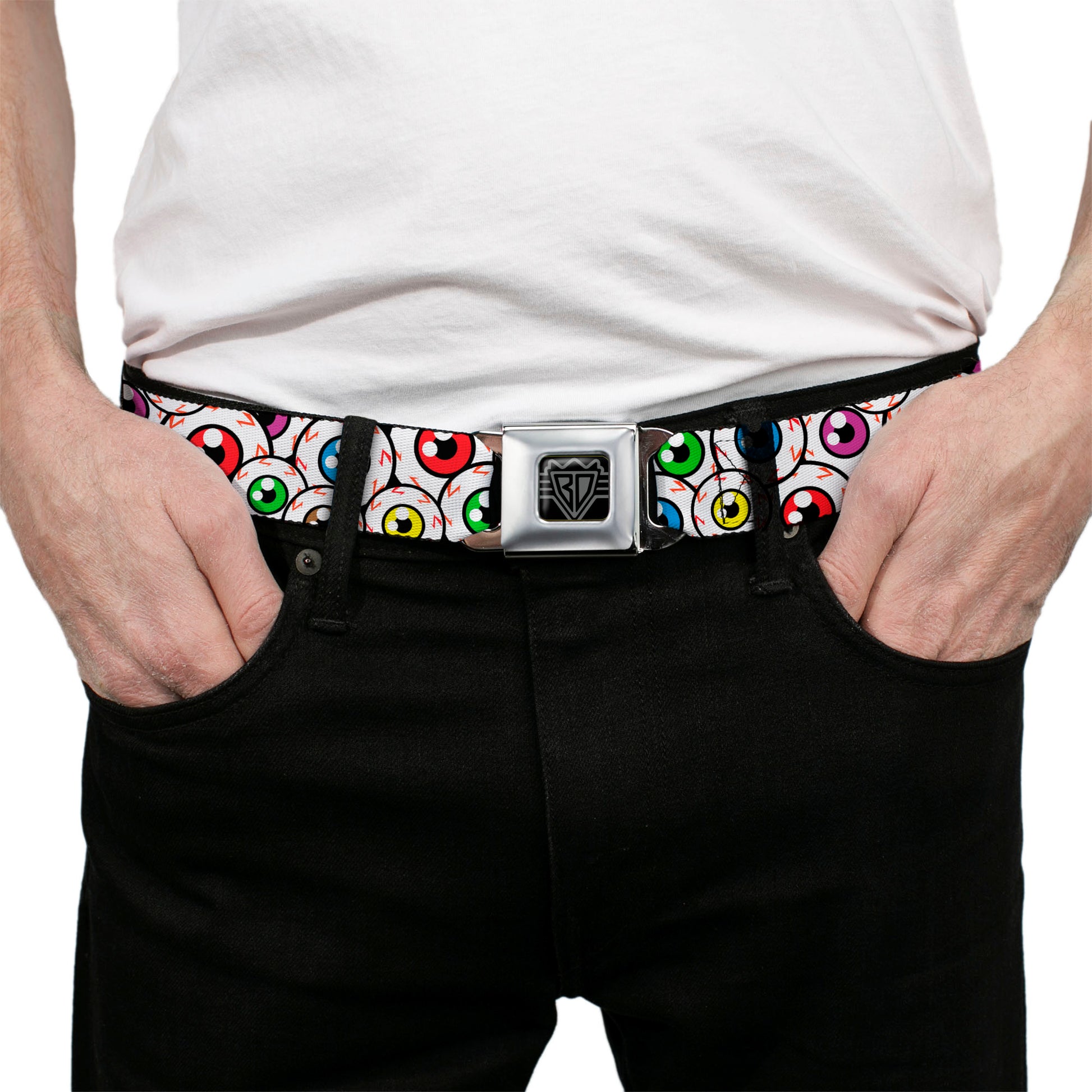 BD Wings Logo CLOSE-UP Full Color Black Silver Seatbelt Belt - Eyeballs Stacked Webbing Seatbelt Belts Buckle-Down