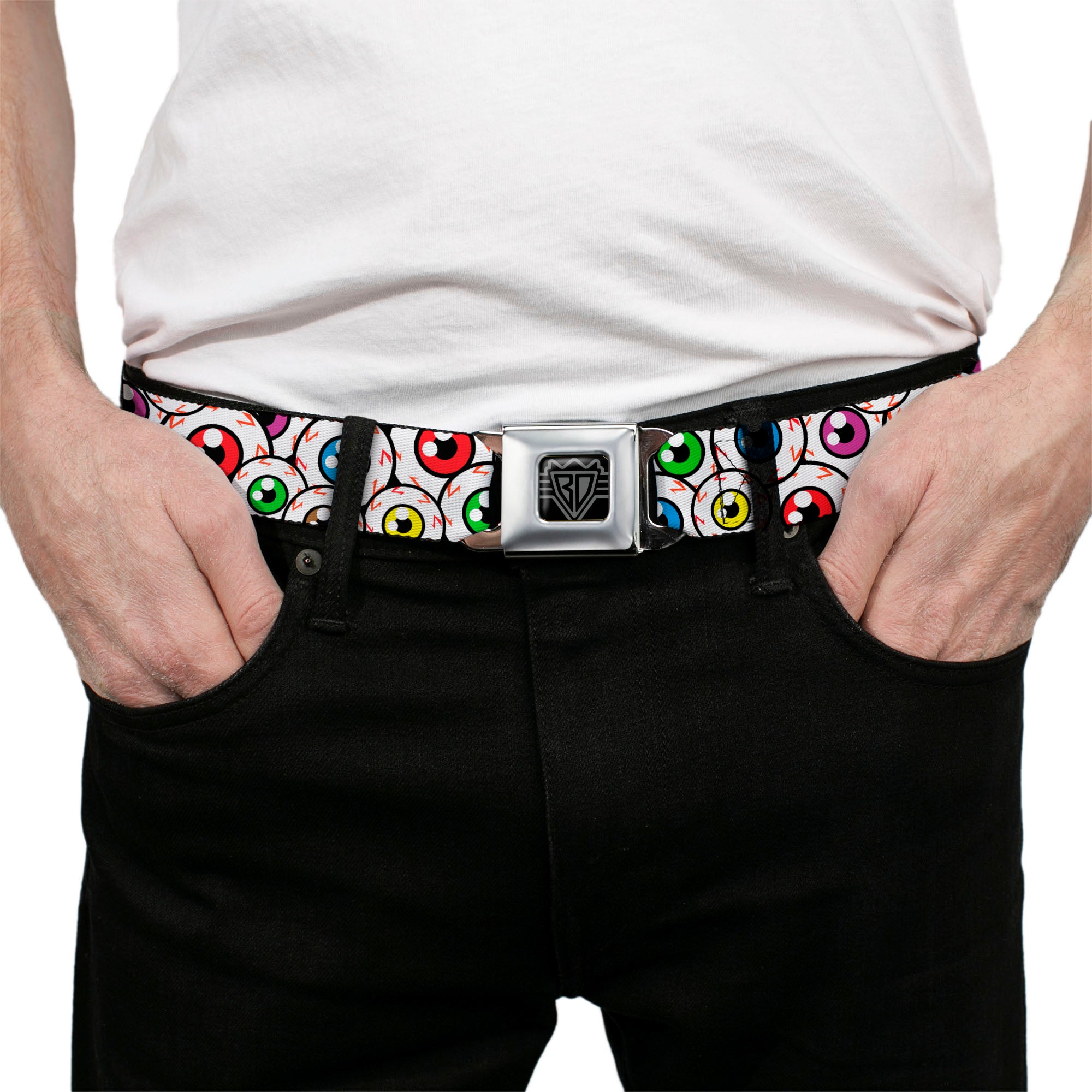 BD Wings Logo CLOSE-UP Full Color Black Silver Seatbelt Belt - Eyeballs Stacked Webbing Seatbelt Belts Buckle-Down