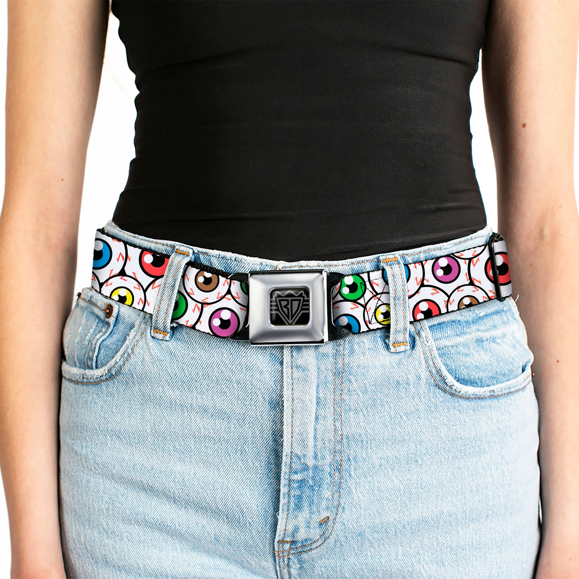 BD Wings Logo CLOSE-UP Full Color Black Silver Seatbelt Belt - Eyeballs Stacked Webbing Seatbelt Belts Buckle-Down