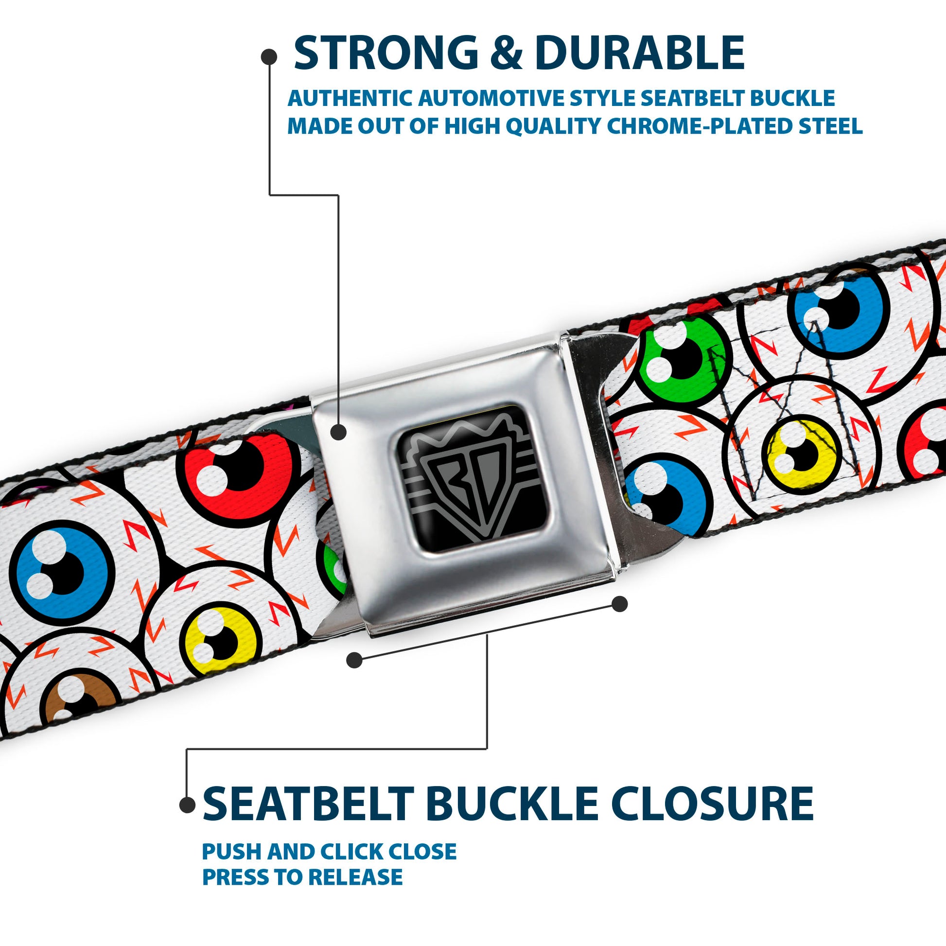 BD Wings Logo CLOSE-UP Full Color Black Silver Seatbelt Belt - Eyeballs Stacked Webbing Seatbelt Belts Buckle-Down