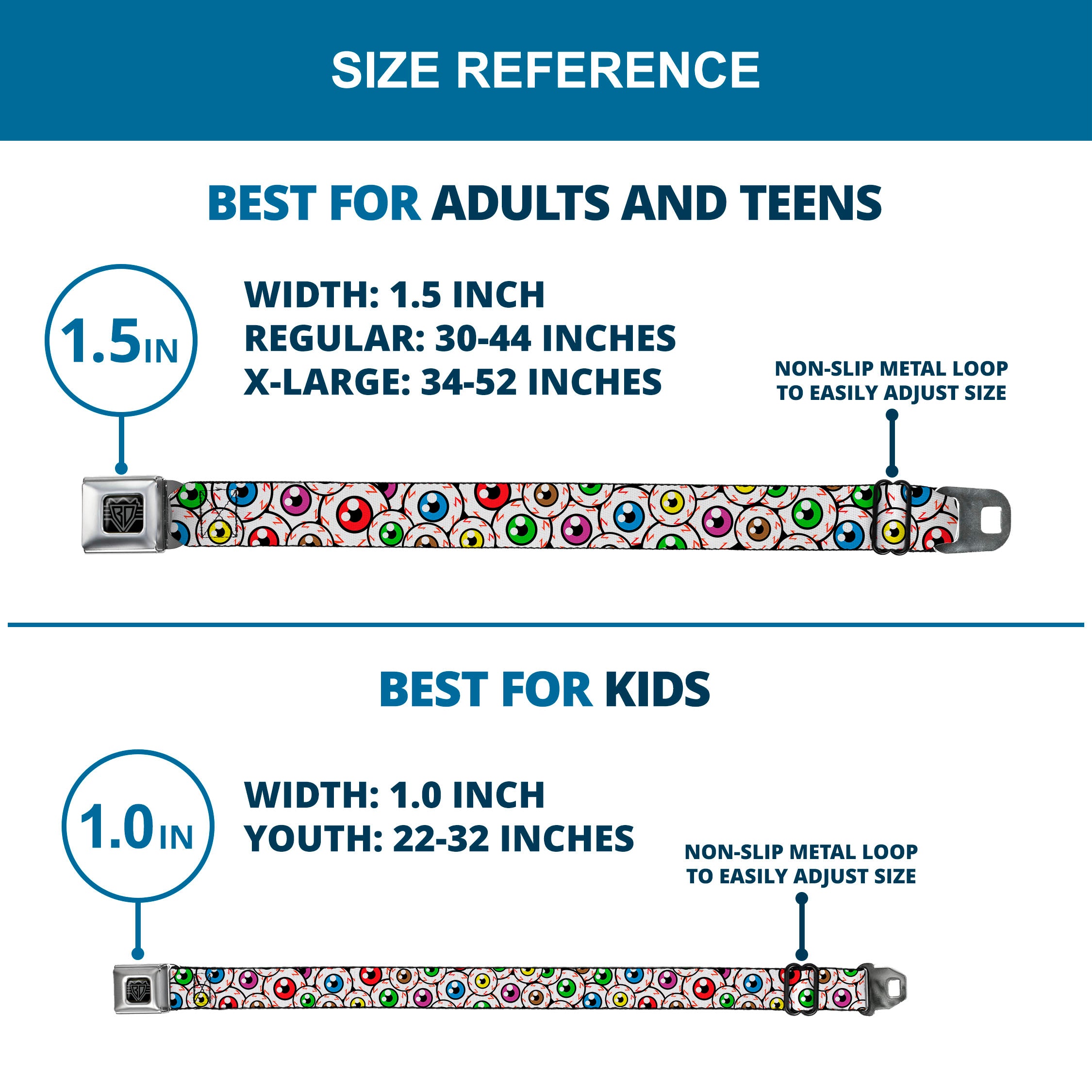 BD Wings Logo CLOSE-UP Full Color Black Silver Seatbelt Belt - Eyeballs Stacked Webbing Seatbelt Belts Buckle-Down