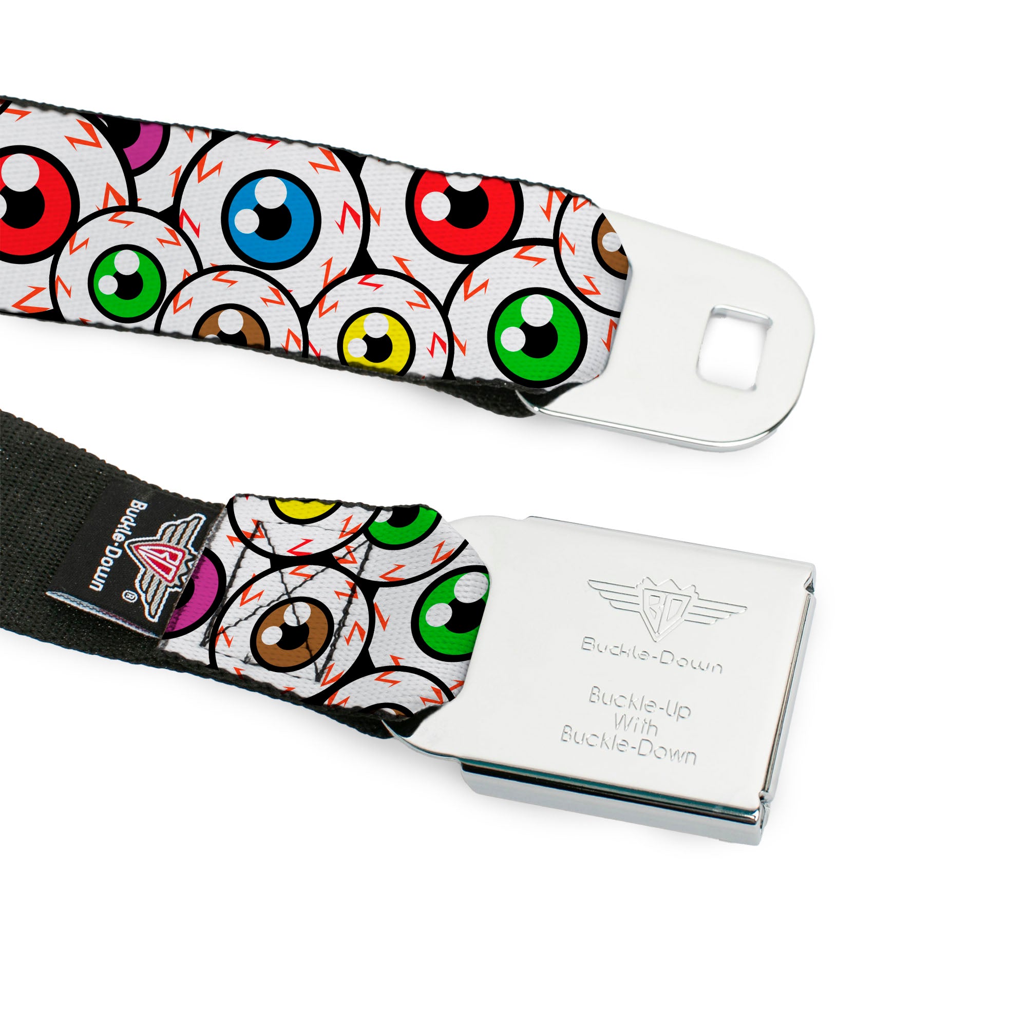 BD Wings Logo CLOSE-UP Full Color Black Silver Seatbelt Belt - Eyeballs Stacked Webbing Seatbelt Belts Buckle-Down