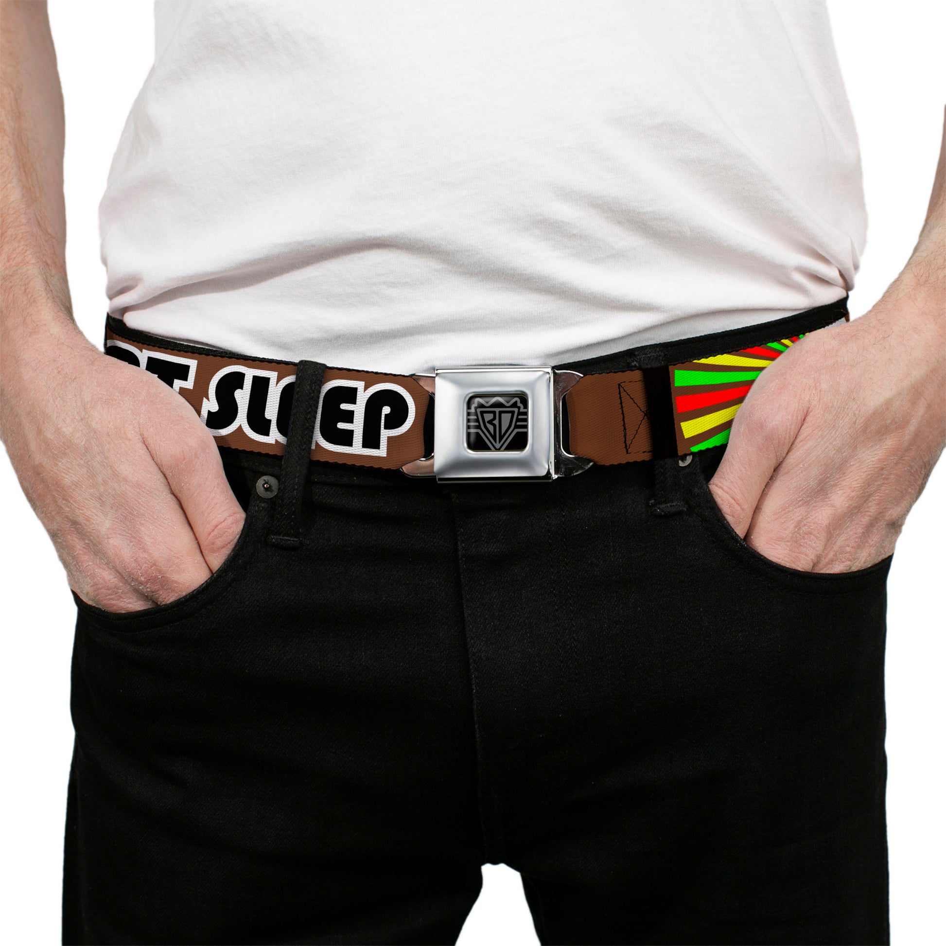 BD Wings Logo CLOSE-UP Full Color Black Silver Seatbelt Belt - EAT SLEEP SKATE Brown/Rasta Burst Webbing Seatbelt Belts Buckle-Down