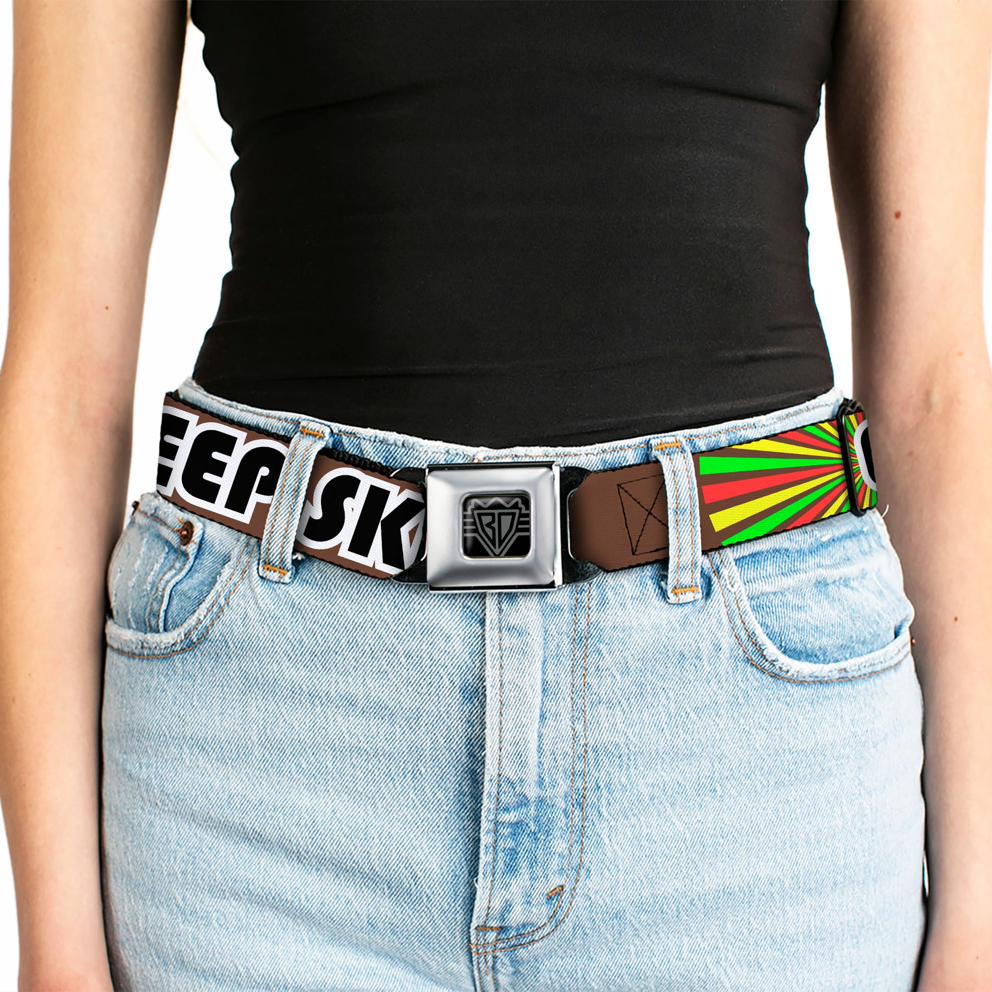 BD Wings Logo CLOSE-UP Full Color Black Silver Seatbelt Belt - EAT SLEEP SKATE Brown/Rasta Burst Webbing Seatbelt Belts Buckle-Down