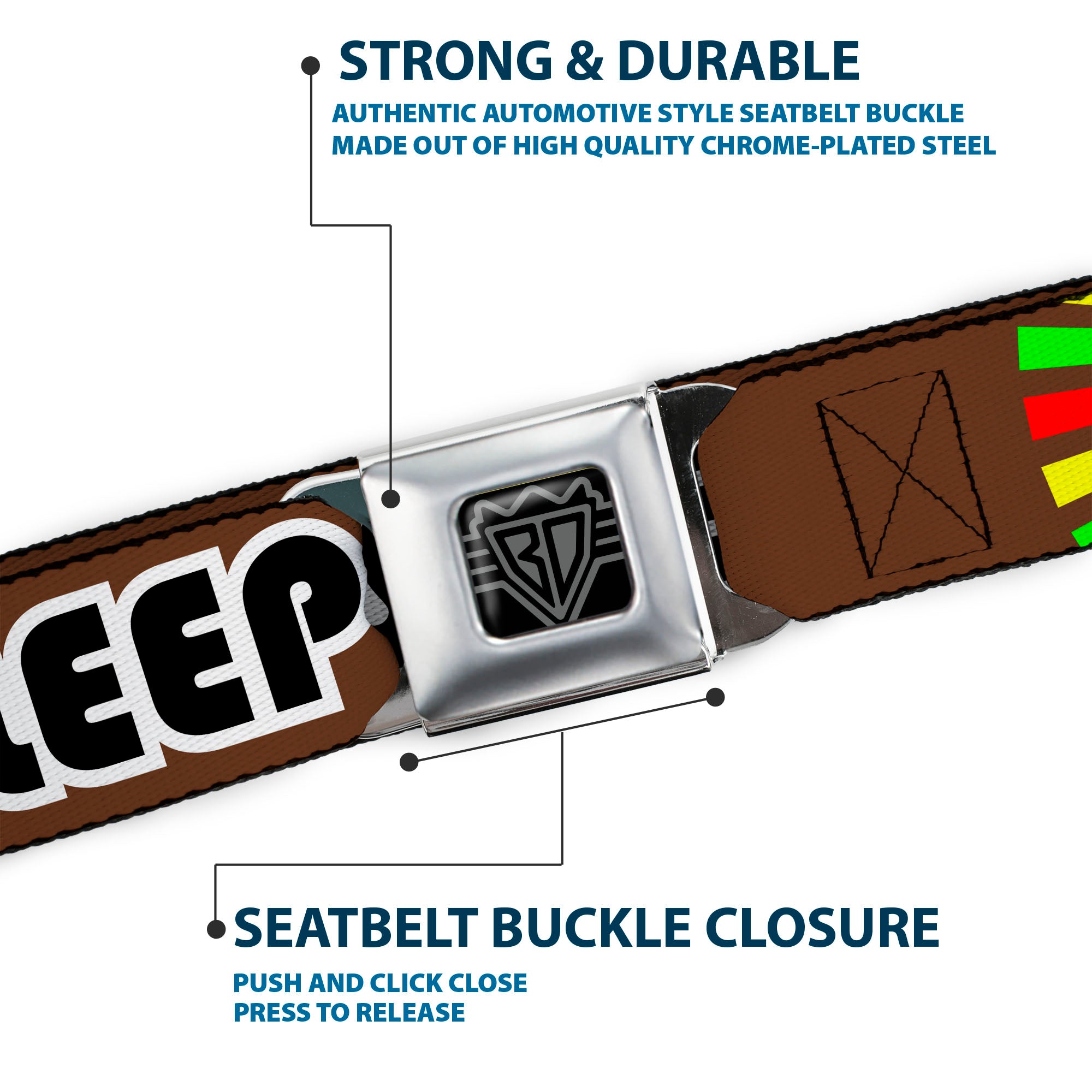 BD Wings Logo CLOSE-UP Full Color Black Silver Seatbelt Belt - EAT SLEEP SKATE Brown/Rasta Burst Webbing Seatbelt Belts Buckle-Down
