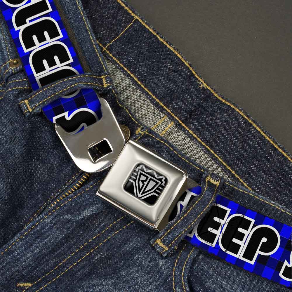 BD Wings Logo CLOSE-UP Full Color Black Silver Seatbelt Belt - EAT SLEEP SKATE Buffalo Plaid Blue Webbing Seatbelt Belts Buckle-Down