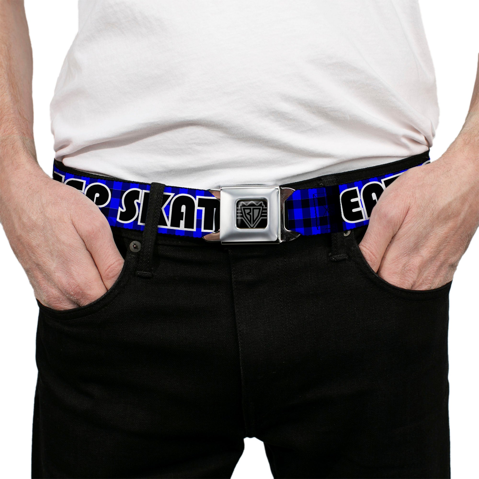 BD Wings Logo CLOSE-UP Full Color Black Silver Seatbelt Belt - EAT SLEEP SKATE Buffalo Plaid Blue Webbing Seatbelt Belts Buckle-Down