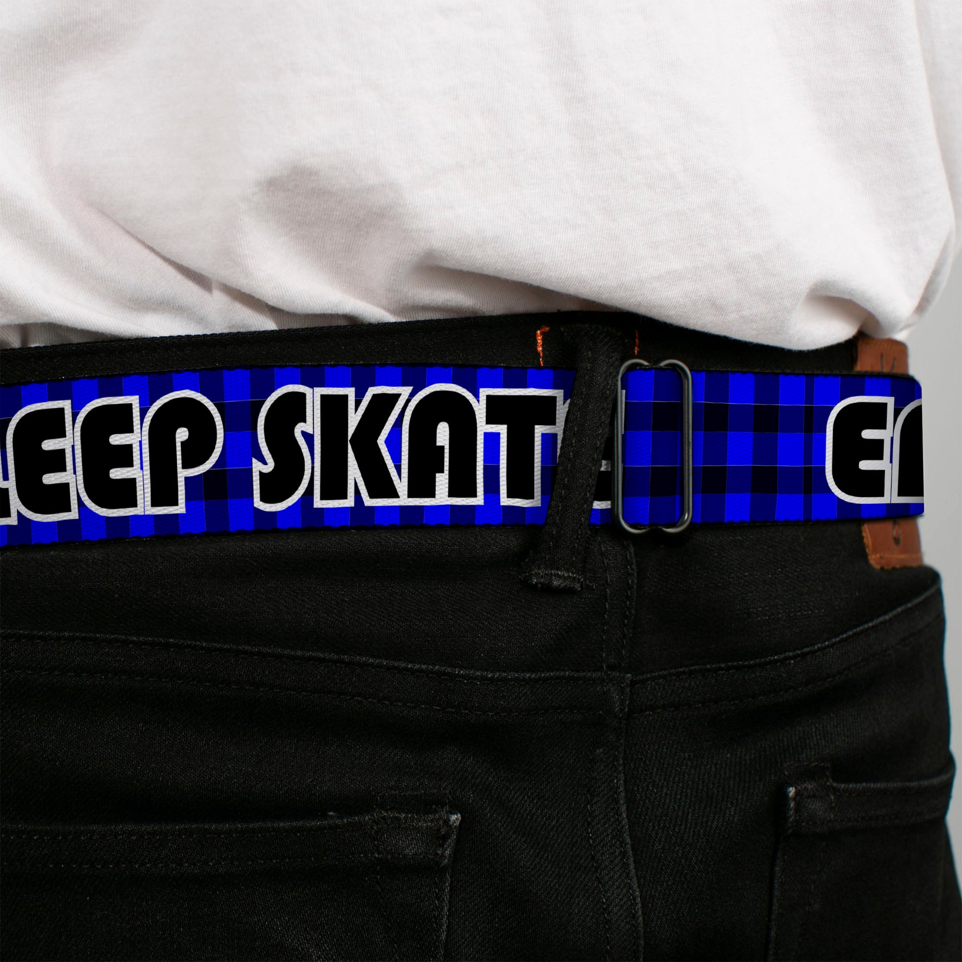 BD Wings Logo CLOSE-UP Full Color Black Silver Seatbelt Belt - EAT SLEEP SKATE Buffalo Plaid Blue Webbing Seatbelt Belts Buckle-Down