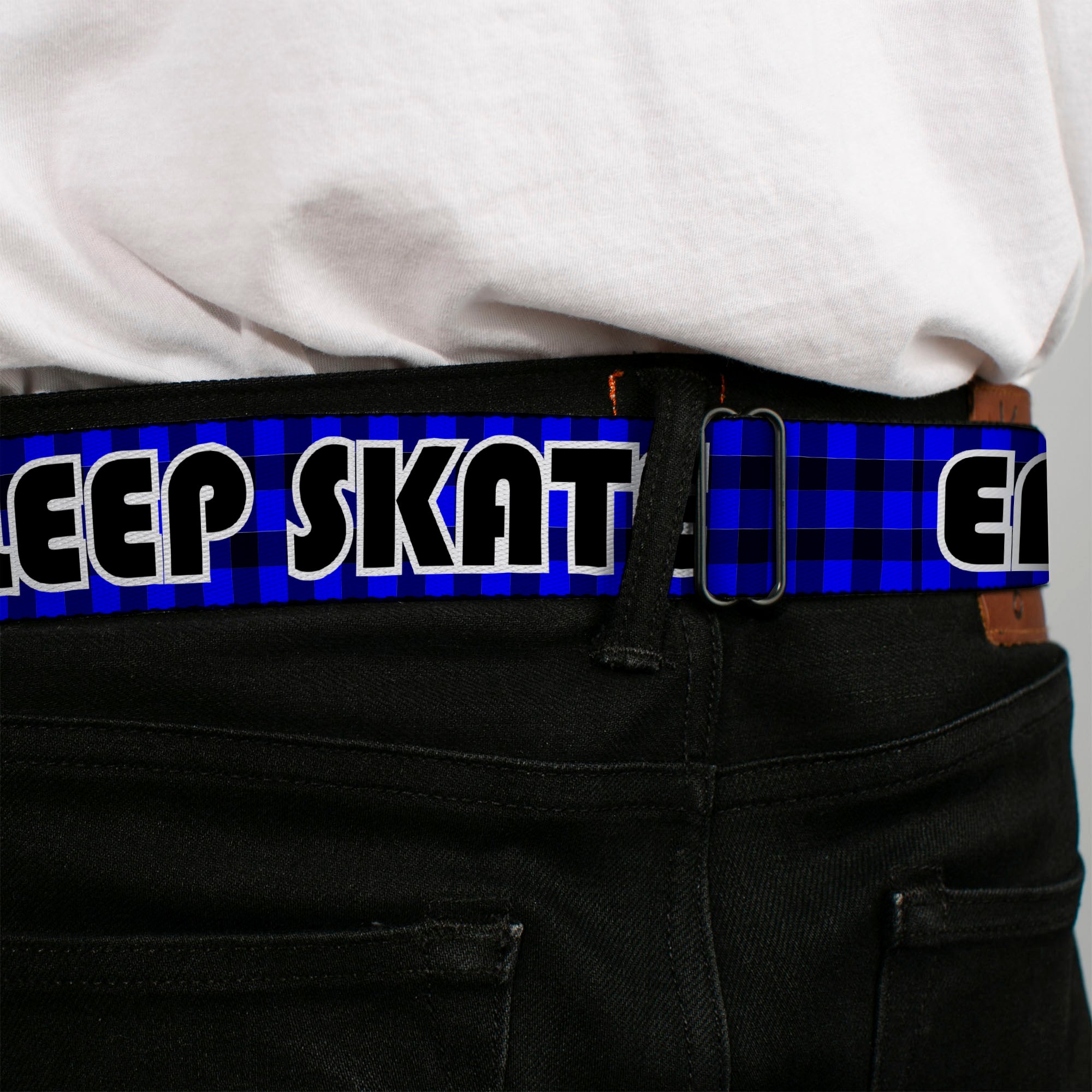 BD Wings Logo CLOSE-UP Full Color Black Silver Seatbelt Belt - EAT SLEEP SKATE Buffalo Plaid Blue Webbing Seatbelt Belts Buckle-Down