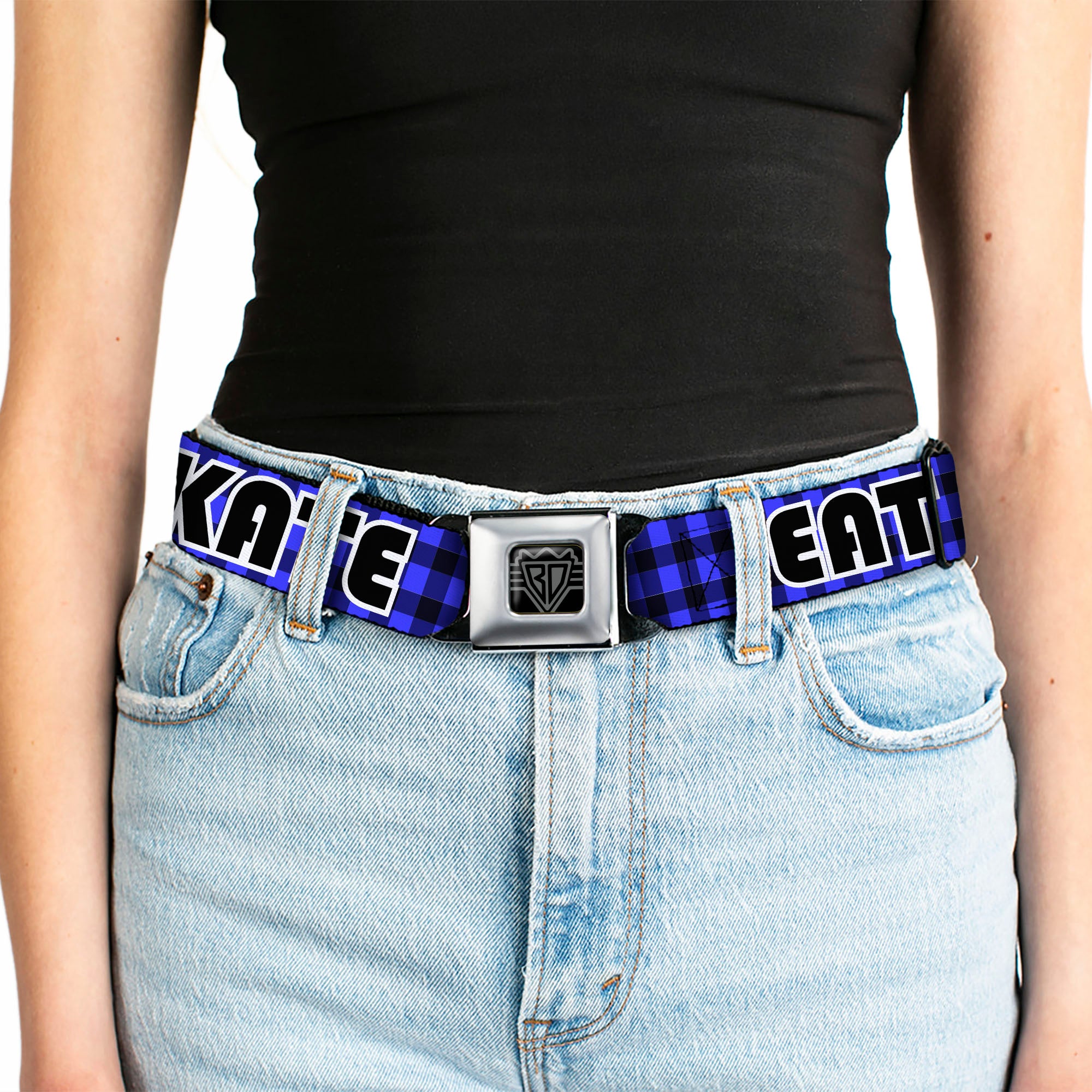 BD Wings Logo CLOSE-UP Full Color Black Silver Seatbelt Belt - EAT SLEEP SKATE Buffalo Plaid Blue Webbing Seatbelt Belts Buckle-Down