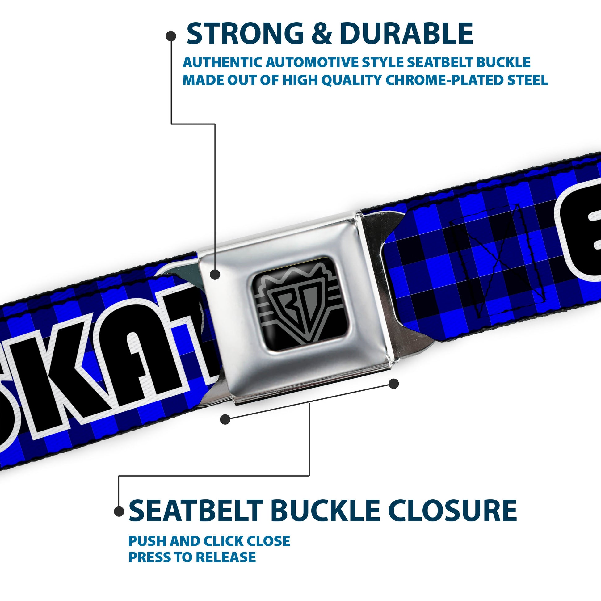 BD Wings Logo CLOSE-UP Full Color Black Silver Seatbelt Belt - EAT SLEEP SKATE Buffalo Plaid Blue Webbing Seatbelt Belts Buckle-Down