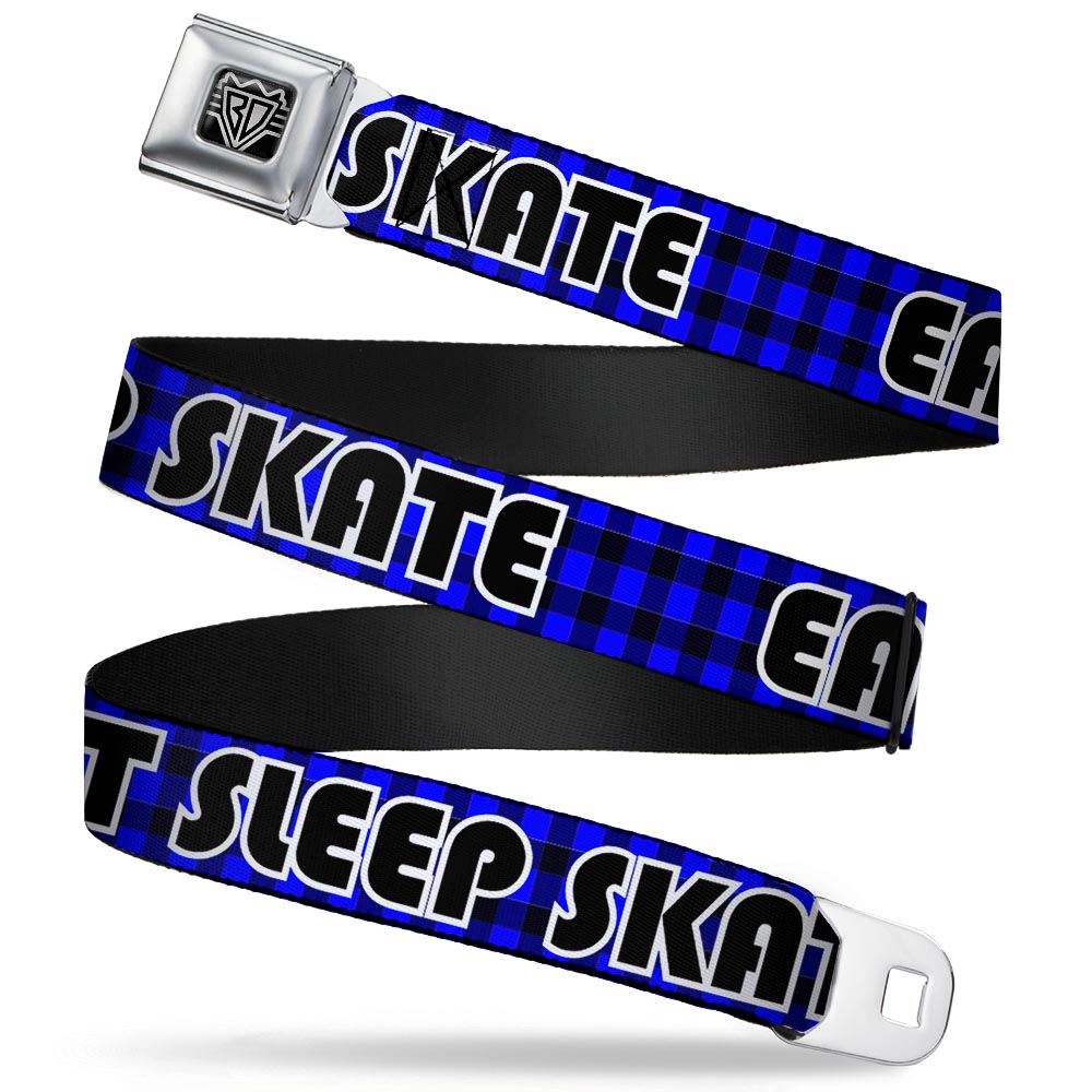 BD Wings Logo CLOSE-UP Full Color Black Silver Seatbelt Belt - EAT SLEEP SKATE Buffalo Plaid Blue Webbing Seatbelt Belts Buckle-Down