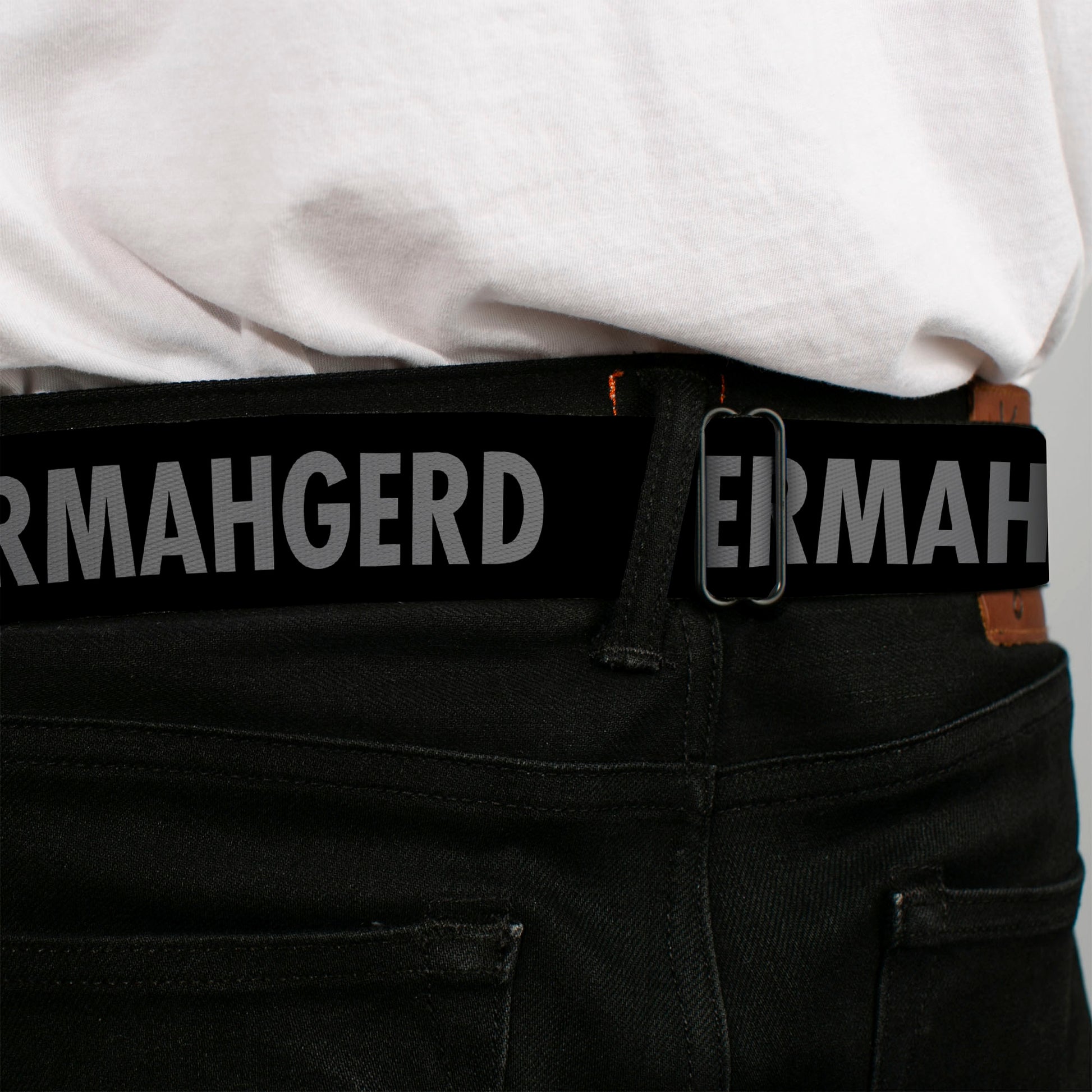 BD Wings Logo CLOSE-UP Full Color Black Silver Seatbelt Belt - ERMAHGERD! Black/Gray Webbing Seatbelt Belts Buckle-Down