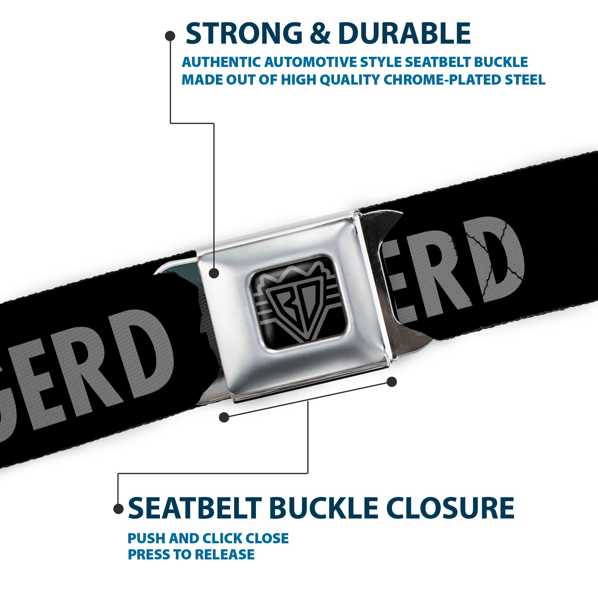 BD Wings Logo CLOSE-UP Full Color Black Silver Seatbelt Belt - ERMAHGERD! Black/Gray Webbing Seatbelt Belts Buckle-Down
