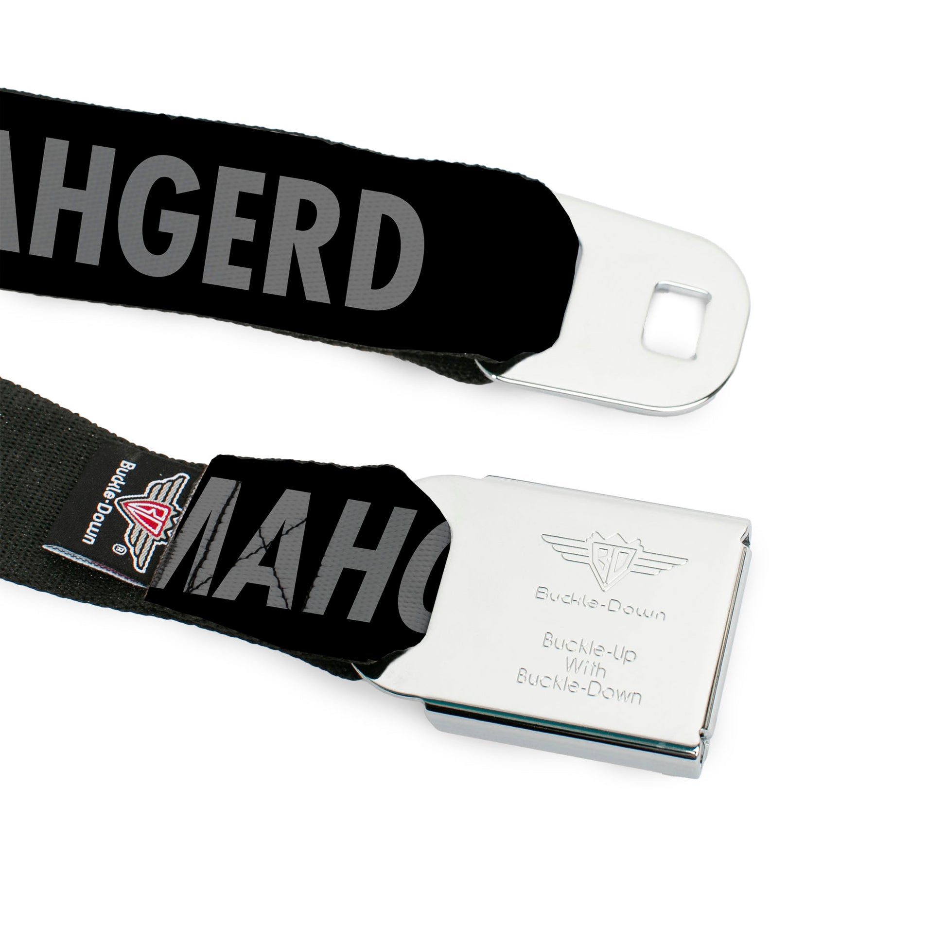 BD Wings Logo CLOSE-UP Full Color Black Silver Seatbelt Belt - ERMAHGERD! Black/Gray Webbing Seatbelt Belts Buckle-Down