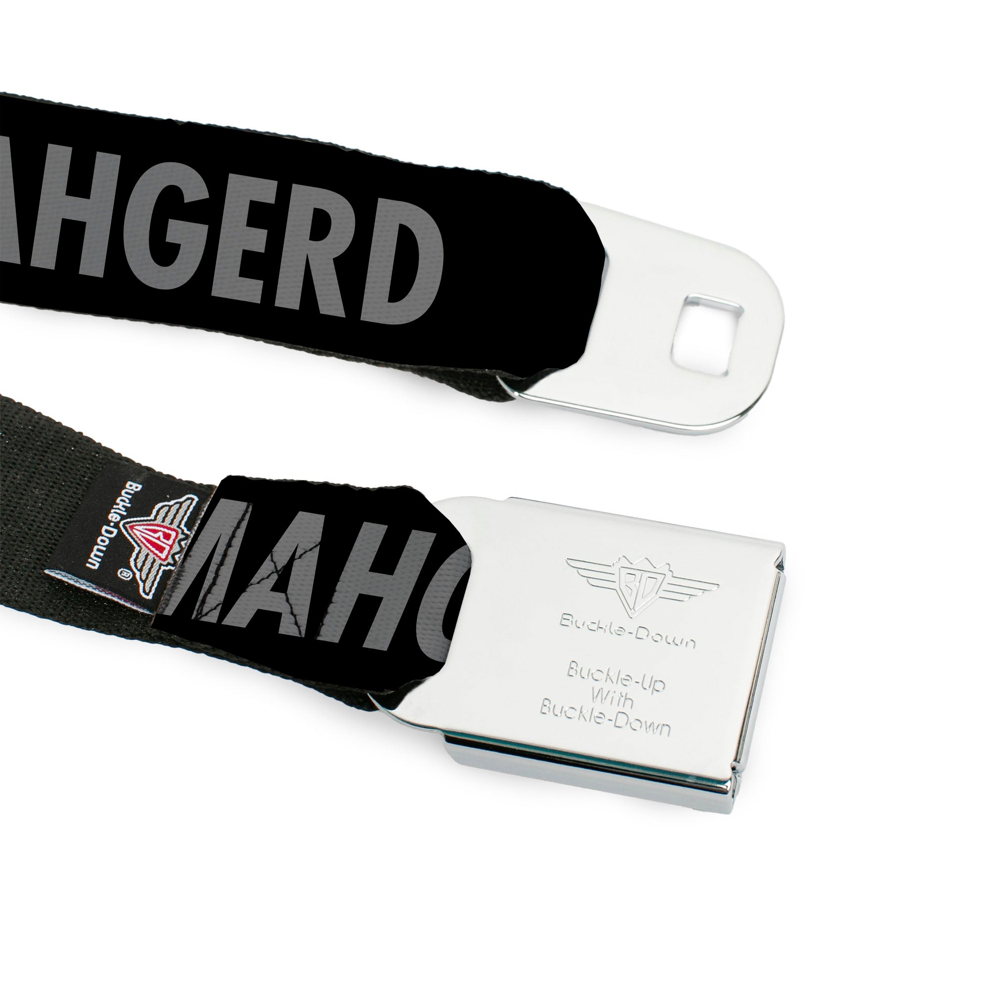 BD Wings Logo CLOSE-UP Full Color Black Silver Seatbelt Belt - ERMAHGERD! Black/Gray Webbing Seatbelt Belts Buckle-Down
