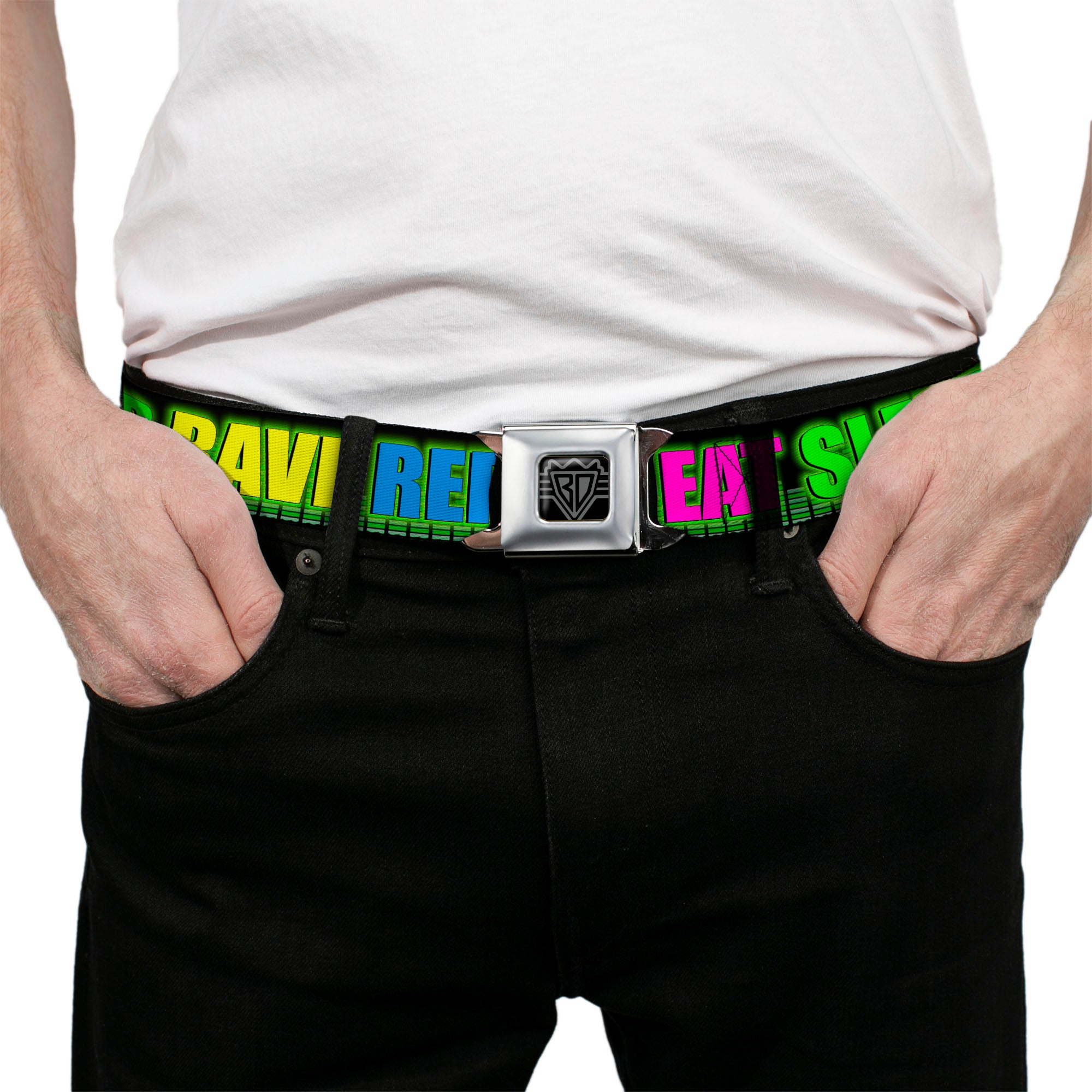 Seatbelt Belt - EAT SLEEP RAVE REPEAT Black/Multi Neon Seatbelt Belts Buckle-Down