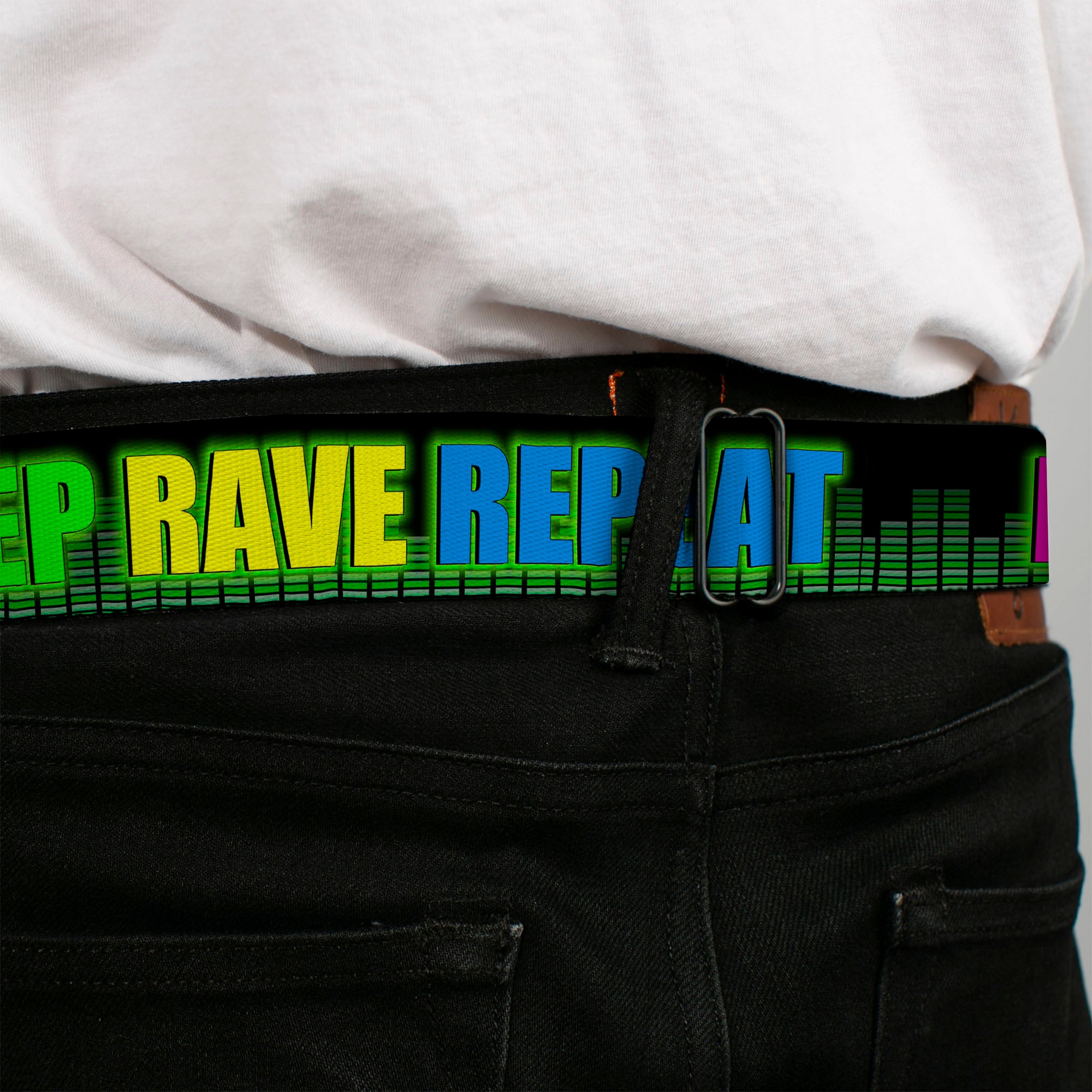 Seatbelt Belt - EAT SLEEP RAVE REPEAT Black/Multi Neon Seatbelt Belts Buckle-Down