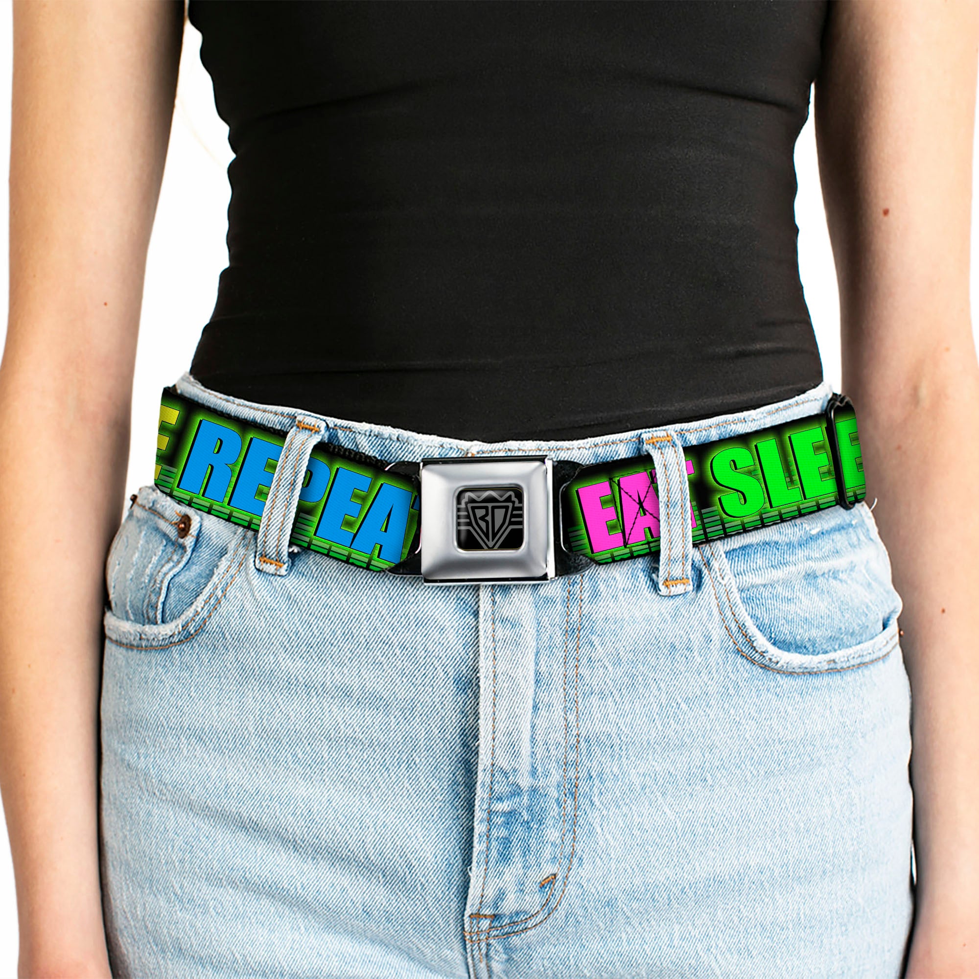 Seatbelt Belt - EAT SLEEP RAVE REPEAT Black/Multi Neon Seatbelt Belts Buckle-Down