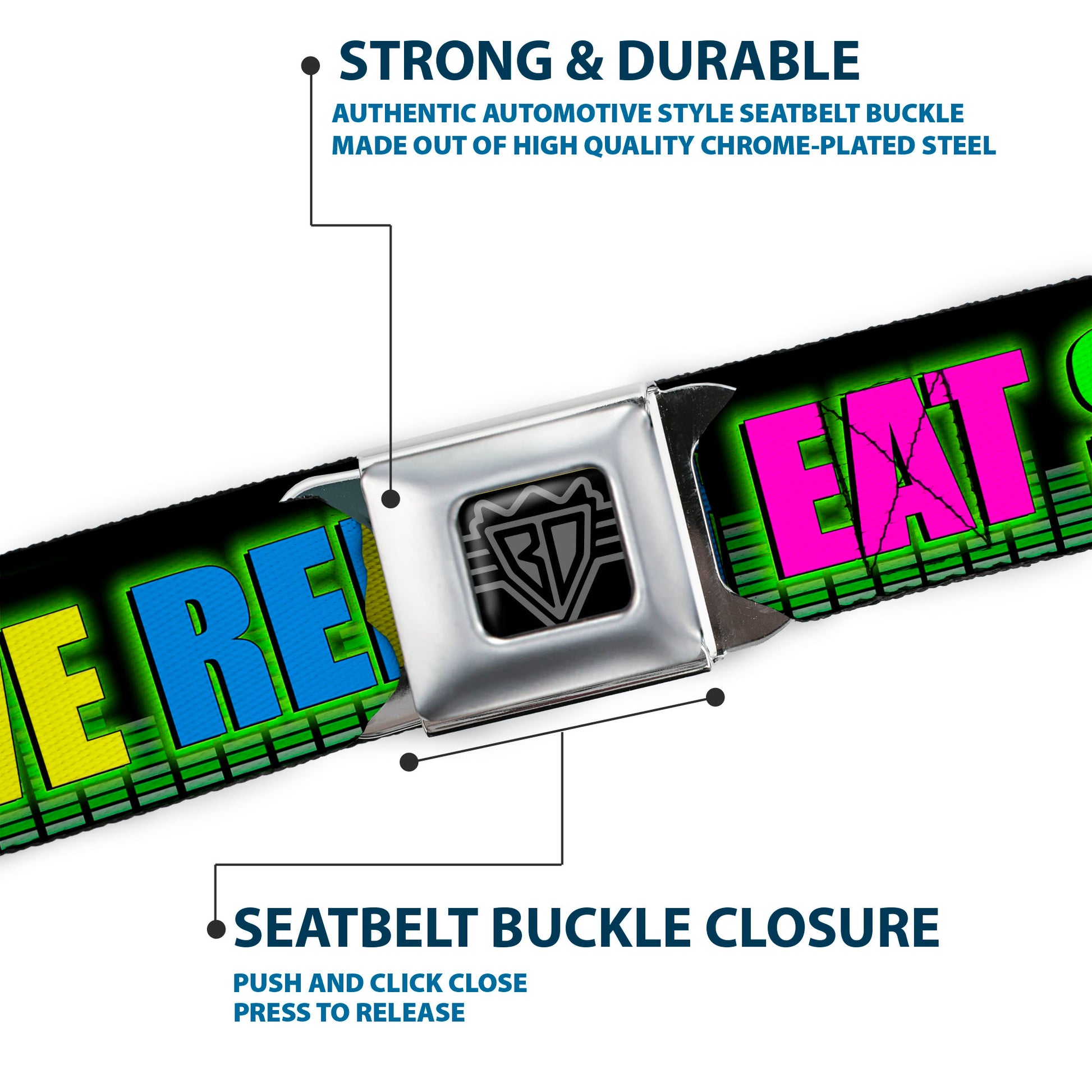 Seatbelt Belt - EAT SLEEP RAVE REPEAT Black/Multi Neon Seatbelt Belts Buckle-Down