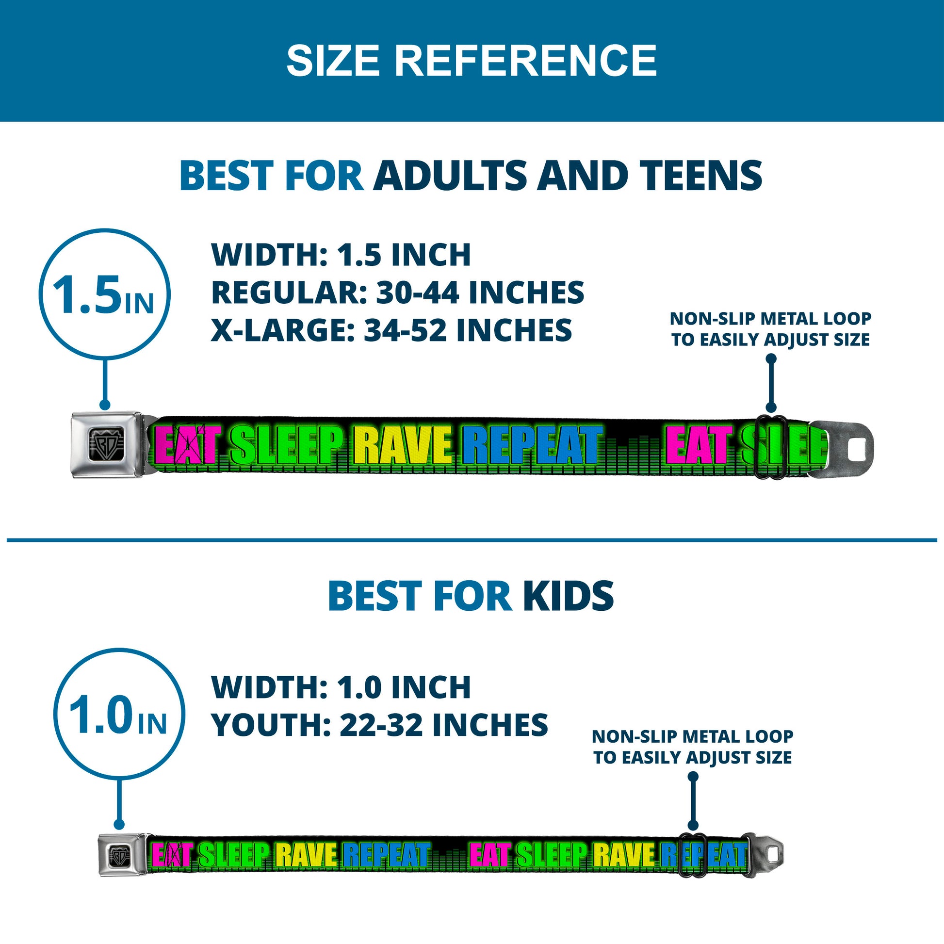 Seatbelt Belt - EAT SLEEP RAVE REPEAT Black/Multi Neon Seatbelt Belts Buckle-Down