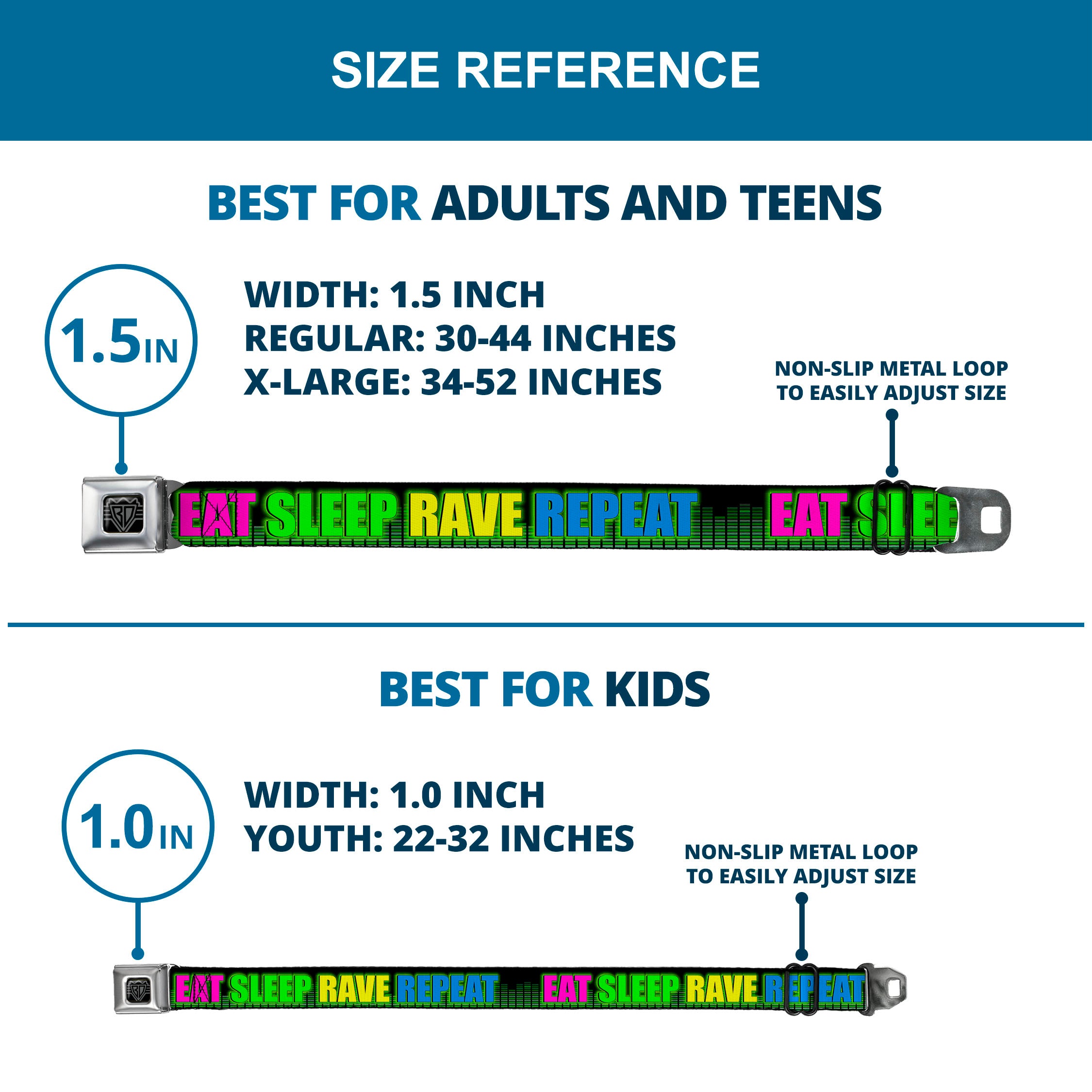 Seatbelt Belt - EAT SLEEP RAVE REPEAT Black/Multi Neon Seatbelt Belts Buckle-Down