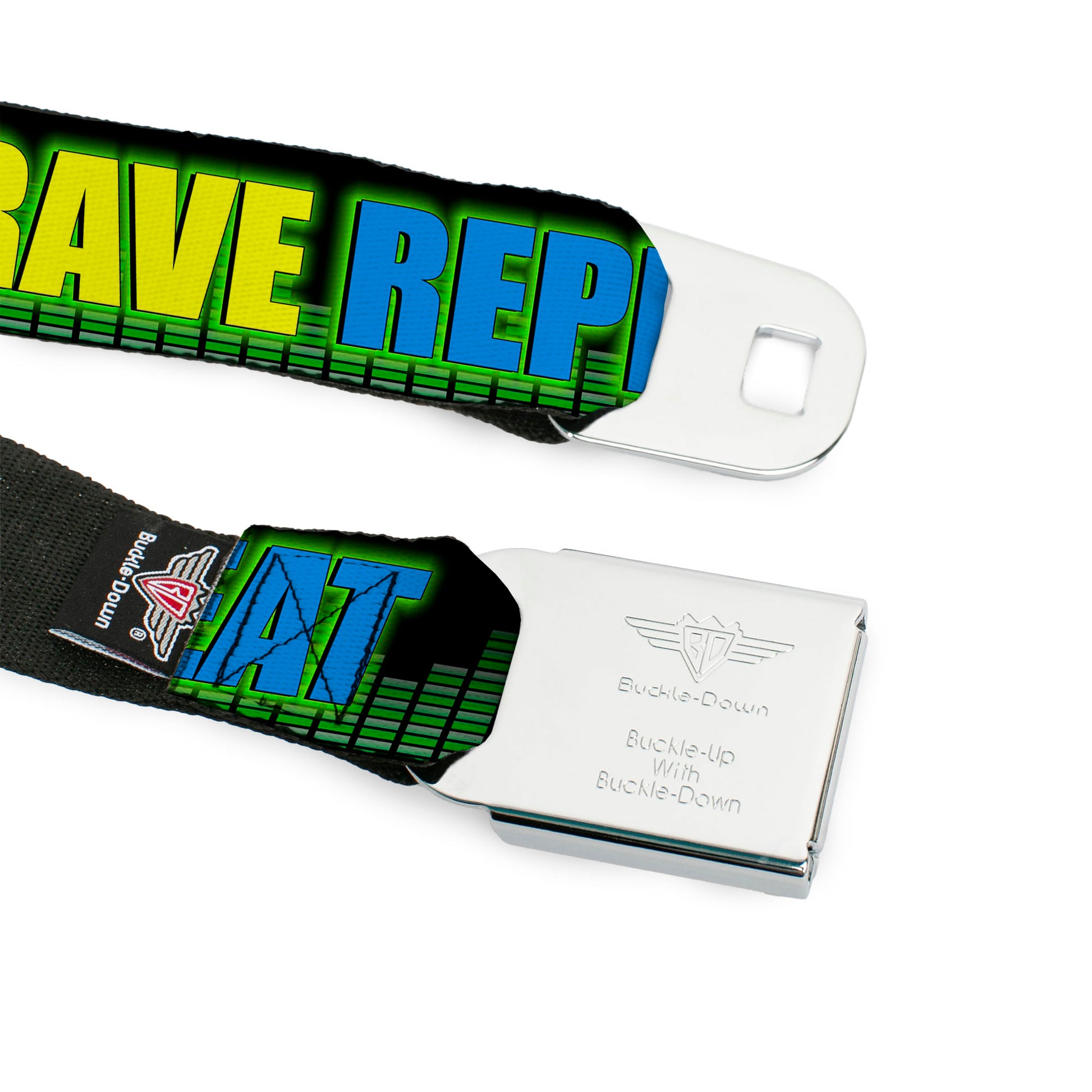 Seatbelt Belt - EAT SLEEP RAVE REPEAT Black/Multi Neon Seatbelt Belts Buckle-Down