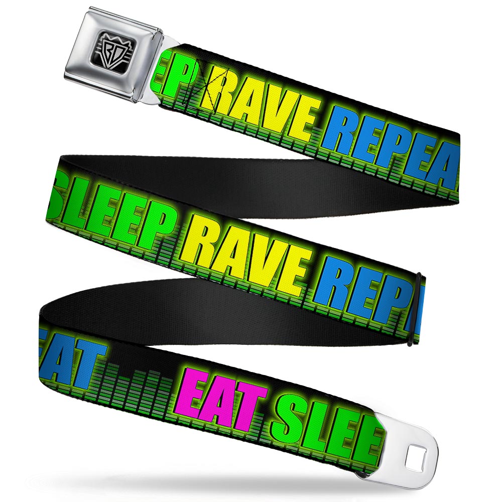Seatbelt Belt - EAT SLEEP RAVE REPEAT Black/Multi Neon Seatbelt Belts Buckle-Down